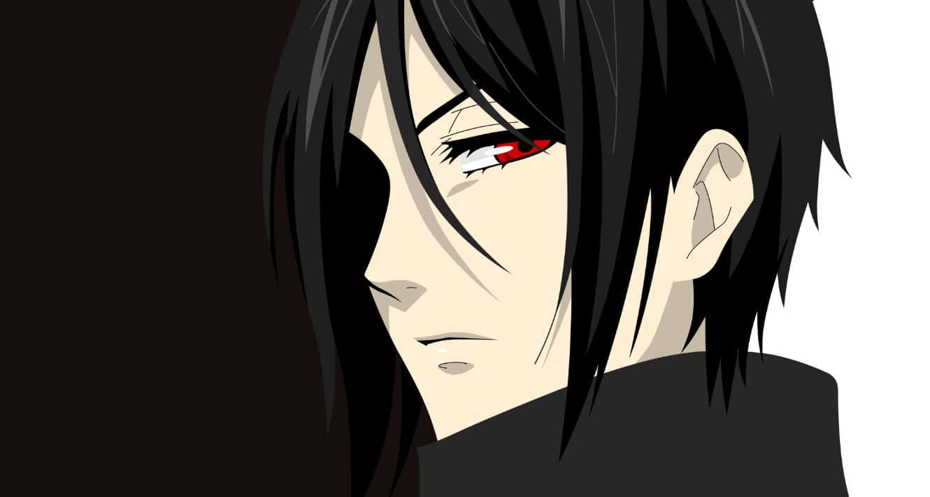 sebastian michaelis 桌布 壁紙 — 黑髮紅眼的動漫角色在深色和白色背景下強烈凝視。