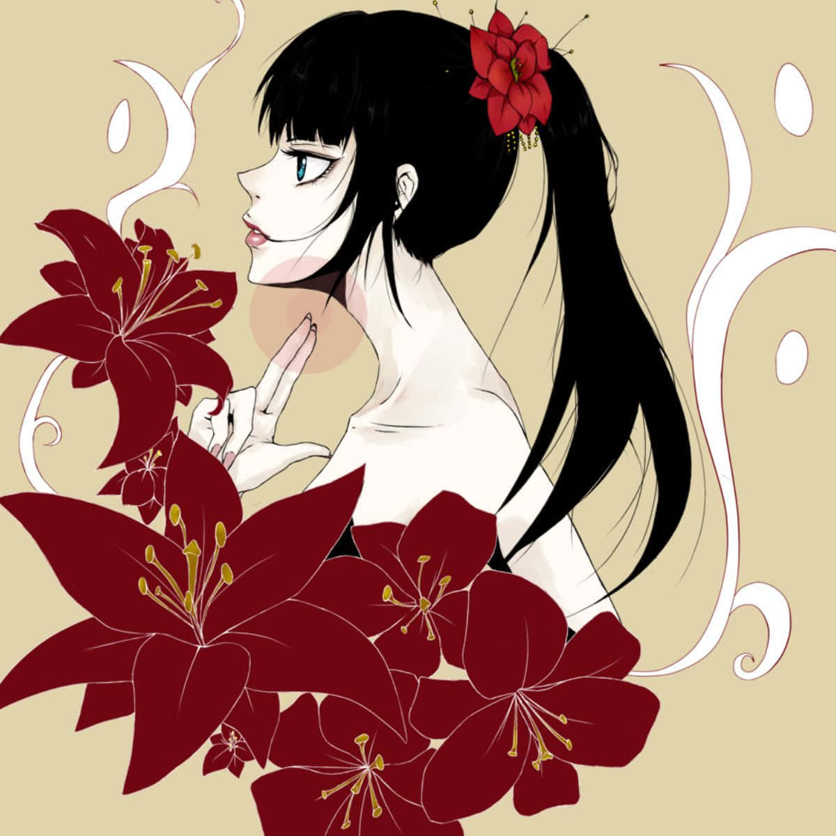 Yayoi Kunizuka 桌布 壁紙 — 黑髮紅花飾品的動漫女孩在米色背景旁的大紅百合旁溫柔凝視。