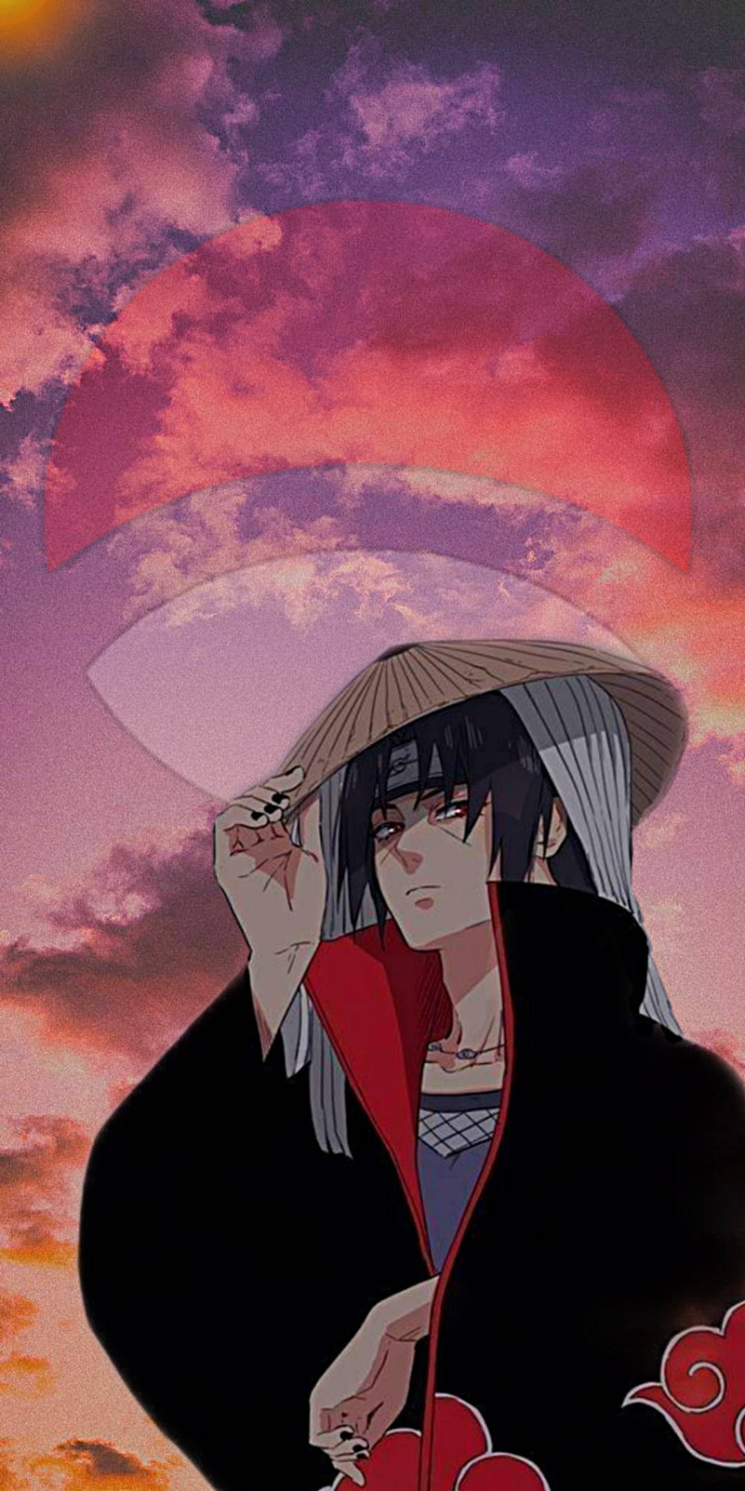 火影忍者疾風傳 桌布 壁紙 — 黑髮紅雲斗篷的動漫角色站在充滿活力的粉紅和紫色日落天空下。