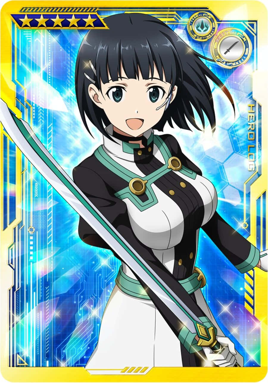 Suguha Kirigaya 桌布 壁紙 — 黑髮綠眼的動漫女孩在充滿活力的藍色數位背景前揮舞著發光的劍。