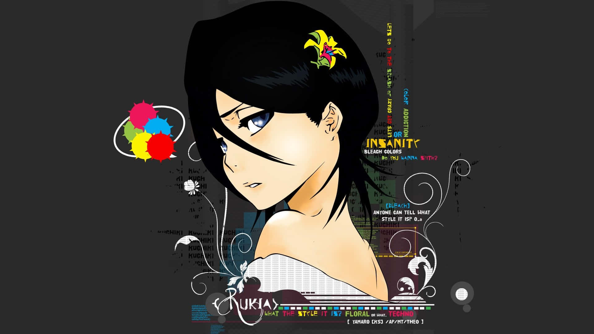 Rukia Kuchiki 桌布 壁紙 — 黑髮藍眼的動漫女孩在帶有彩色花卉裝飾和文字疊加的深色背景上側視。