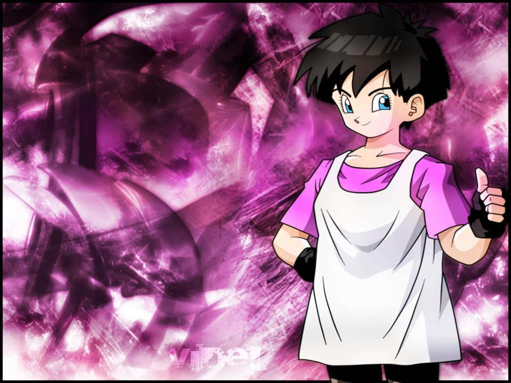 Videl 桌布 壁紙 — 黑髮藍眼的動漫角色在旋轉的紫色能量背景前豎起大拇指。