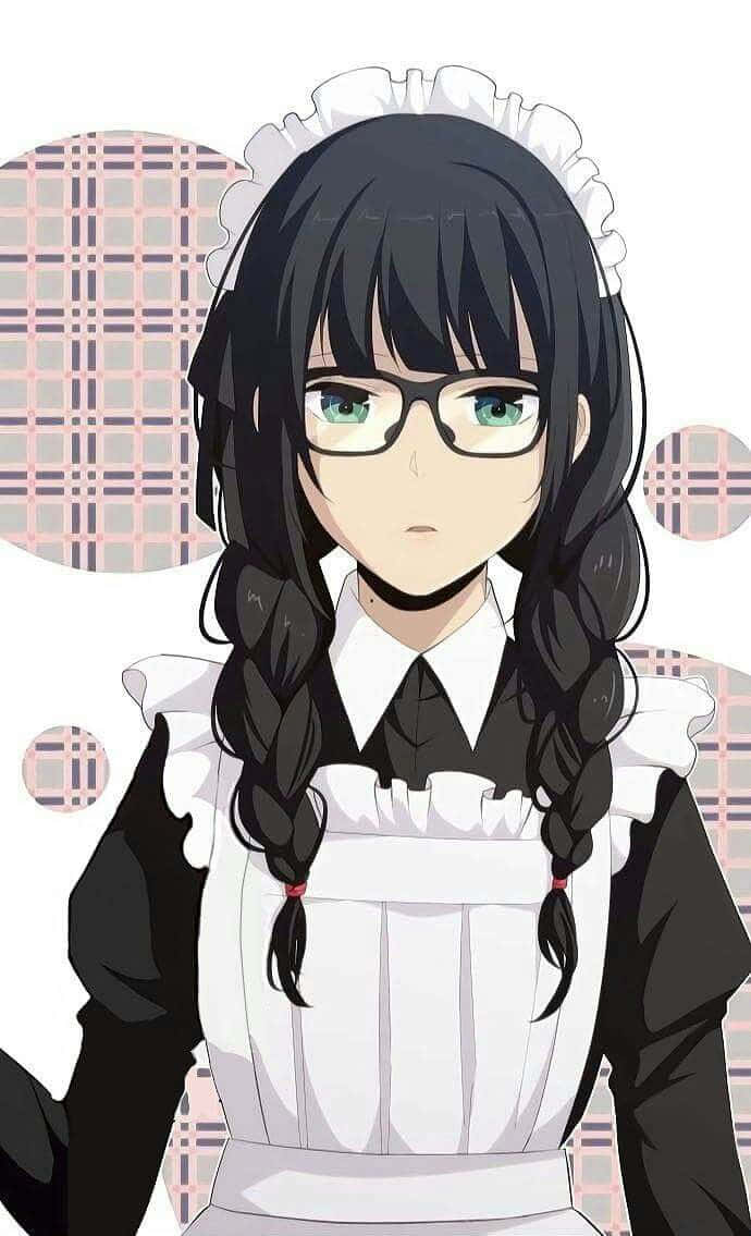 Chizuru Maihara 桌布 壁紙 — 黑髮辮子戴眼鏡的動漫女孩，穿著白色荷葉邊女僕裝，背景是格子圖案。