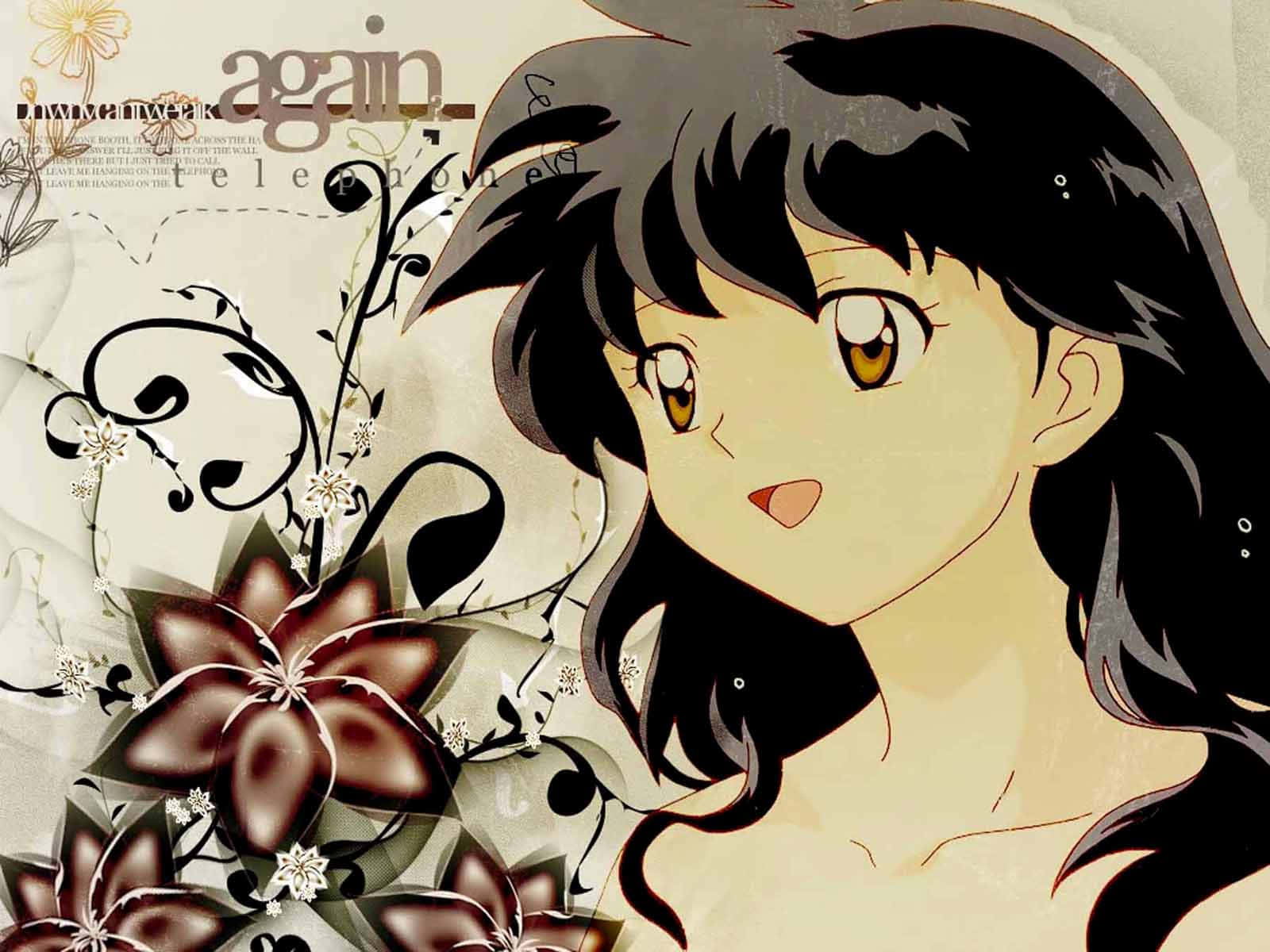 Kagome Higurashi 桌布 壁紙 — 黑髮金瞳的動漫少女在復古紋理背景上，於風格化的深色花朵旁溫柔凝視。