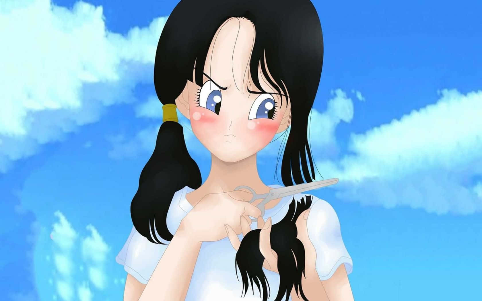 Videl 桌布 壁紙 — 黑髮雙馬尾、藍眼睛的動漫女孩，在藍天白雲下剪頭髮。