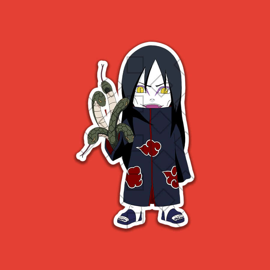Akatsuki Chibi 桌布 壁紙 — 黑髮黃眼的Q版動漫角色在純紅色背景前抱著一條蛇。