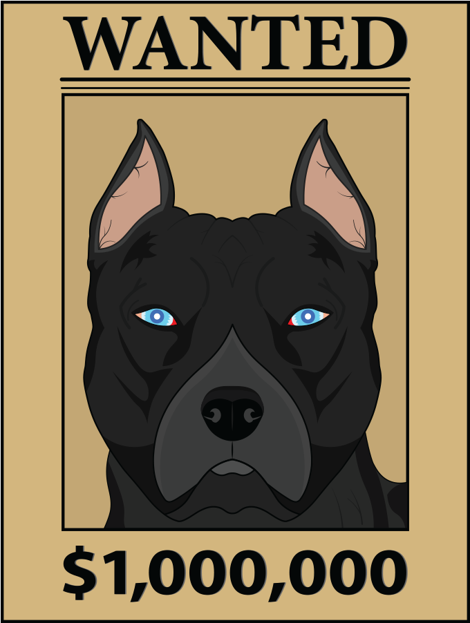 黑鬥牛犬通緝海報插畫 壁紙 — 一張大膽的插圖通緝海報展示了一隻黑狗，有著銳利的藍眼睛和1,000,000美元的懸賞。