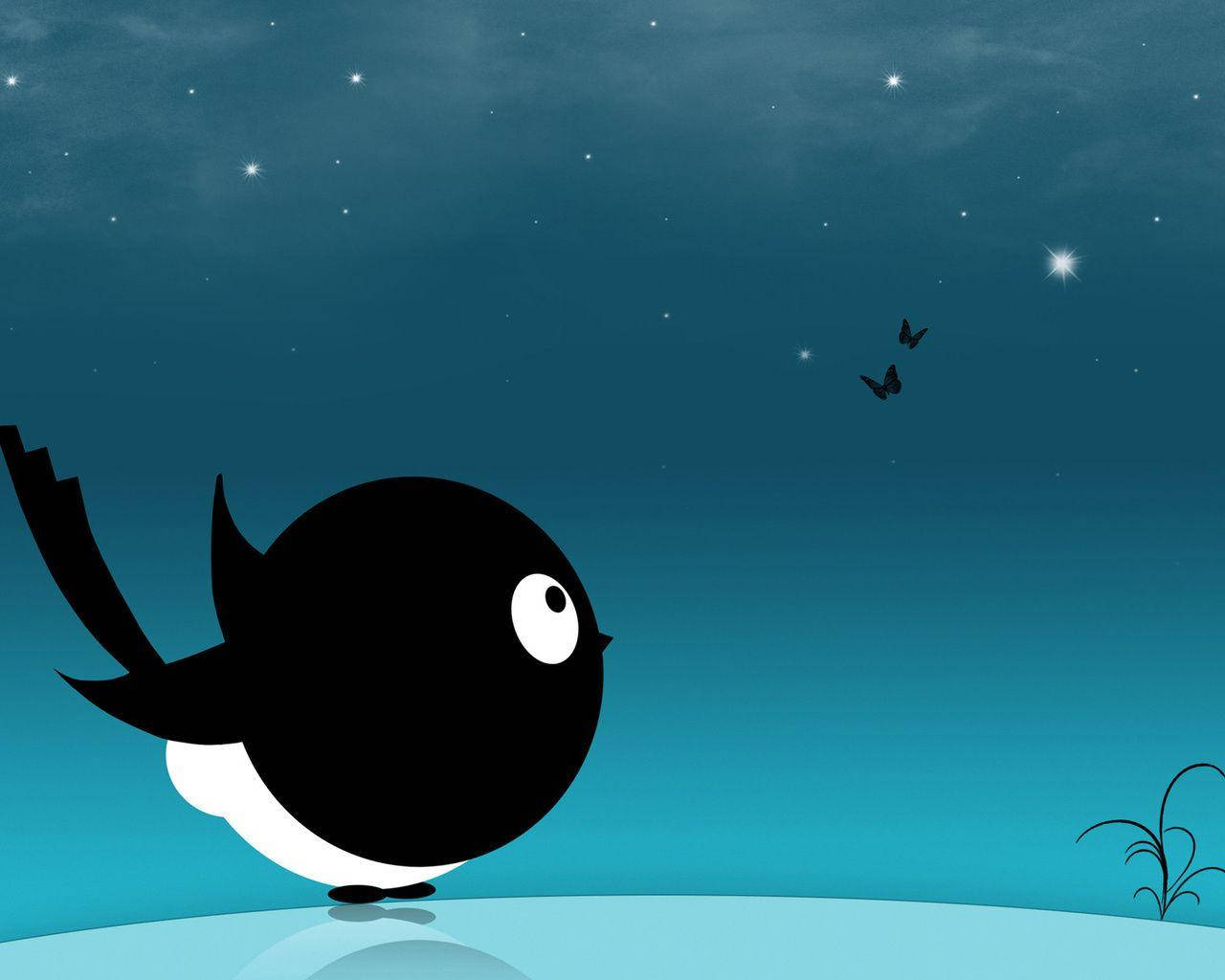 黑鳥星空湖畔桌面 壁紙 — 一隻風格化的黑鳥，白色腹部，仰望兩隻蝴蝶在繁星點點的藍綠色夜空下飛翔。