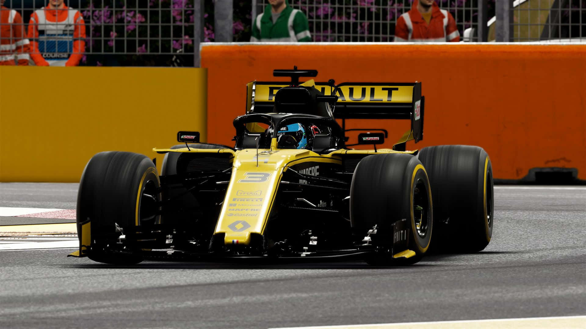 黑黃配色F1 2019賽車高畫質背景 壁紙 — 一輛黃黑相間的雷諾一級方程式賽車在賽道上疾馳，背景有橙色護欄和觀眾。