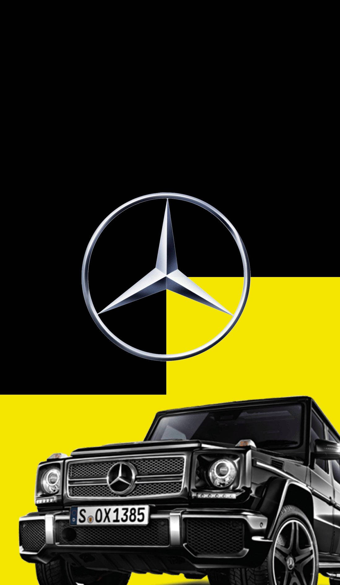 黑色平治G-Class SUV，帶有銀色星形標誌，背景為黑黃色。