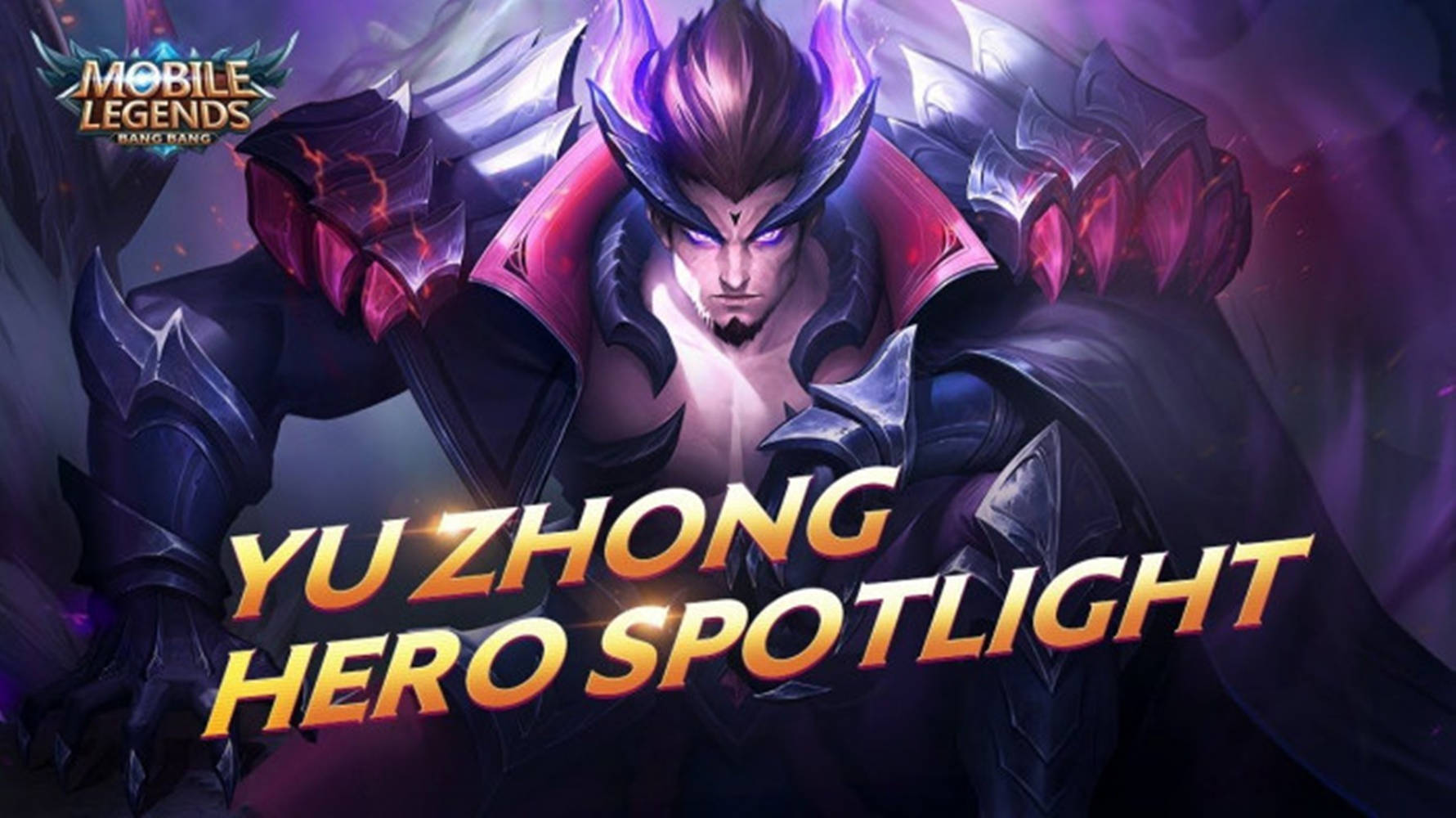 來自Mobile Legends的英雄余鍾，身穿暗色盔甲，眼睛發光，紫色頭髮。