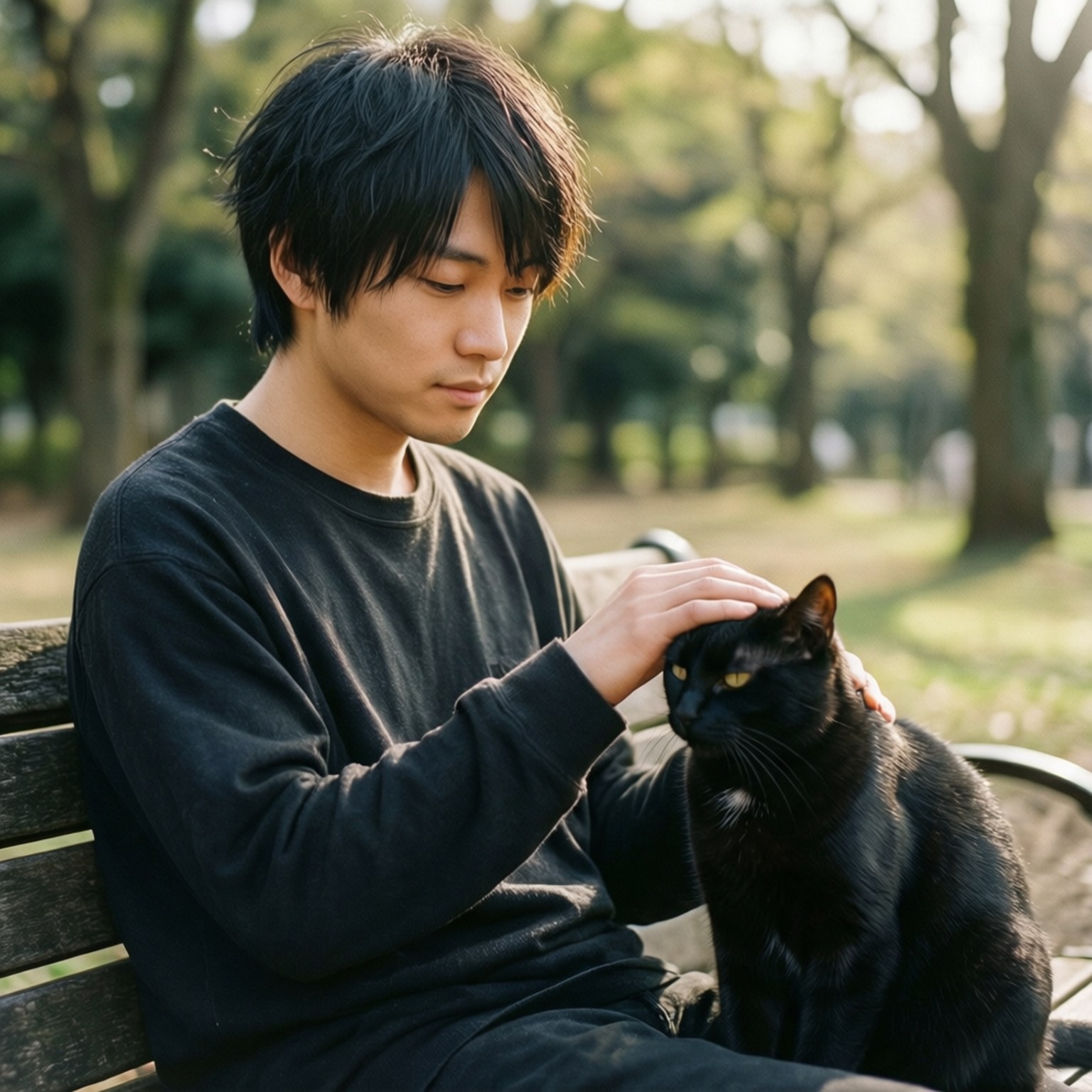 年輕男子在黃金時刻於公園長椅上撫摸黑貓
