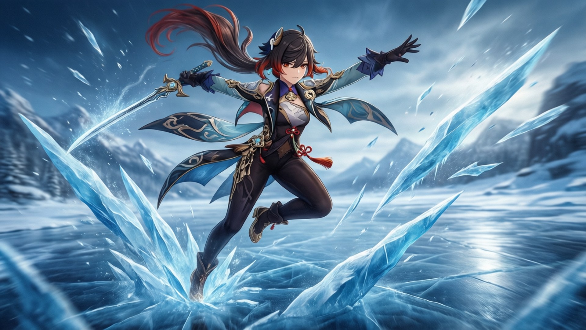 動漫戰士在雪中跳躍，帶著冰碎片和劍
