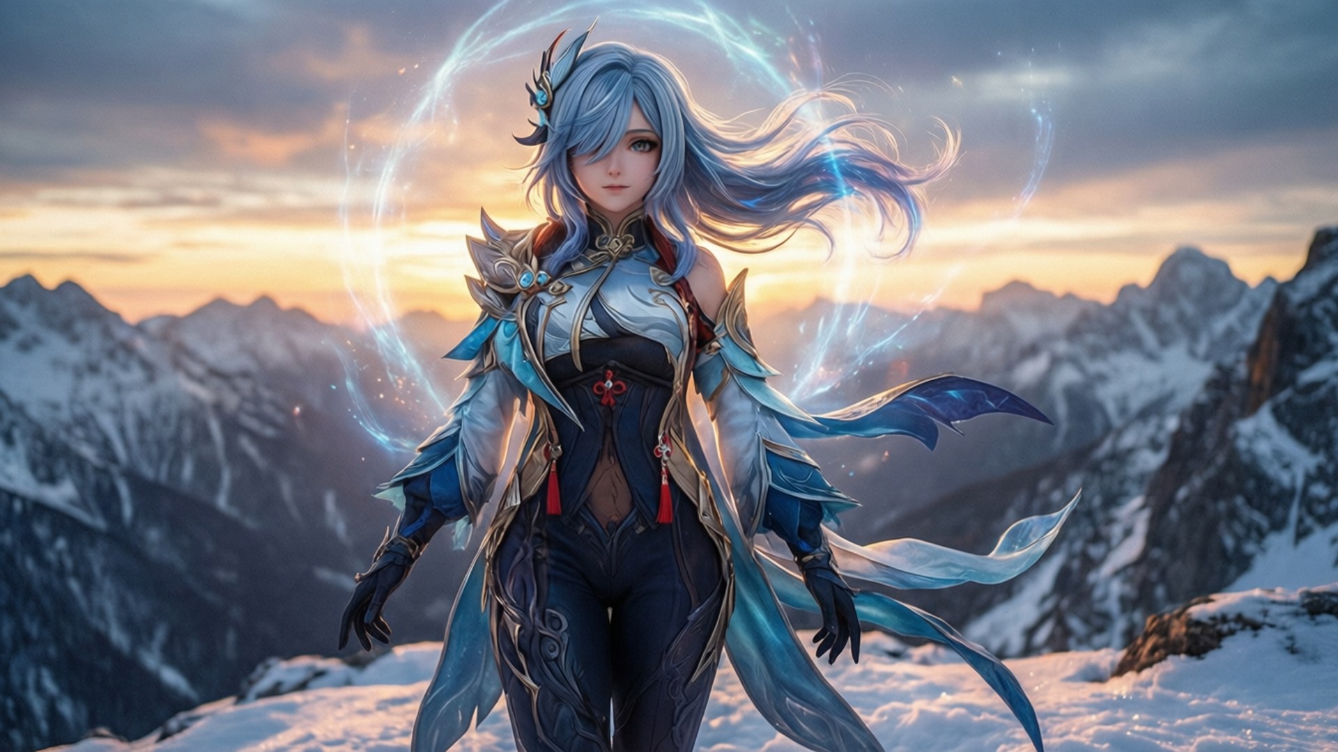 藍髮動漫戰士，帶有發光魔法，站在日落時的雪山上。