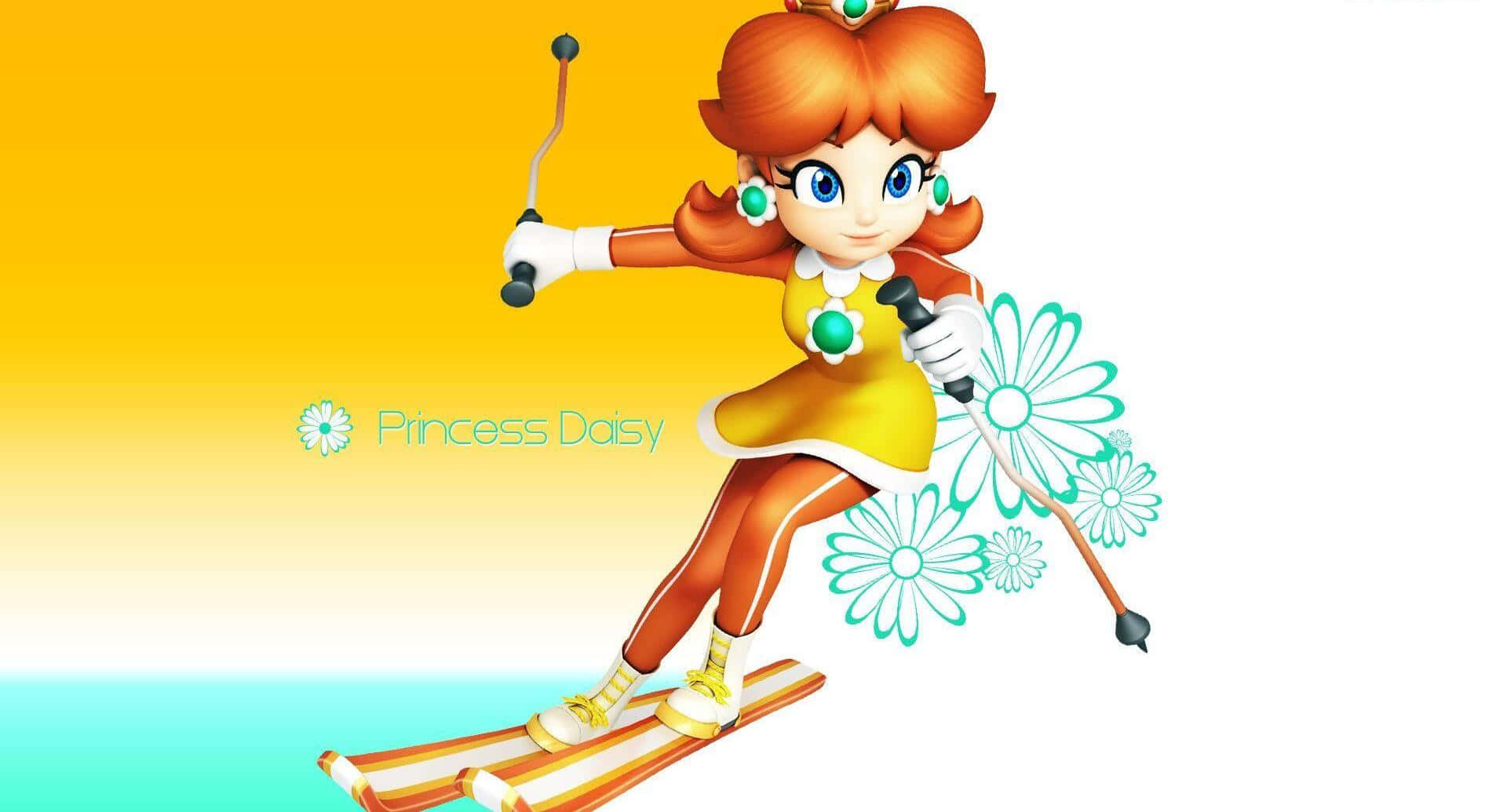Princess Daisy 桌布 壁紙 — 黛西公主穿著鮮黃色滑雪服，在漸變天空下動態滑行，周圍漂浮著雛菊。
