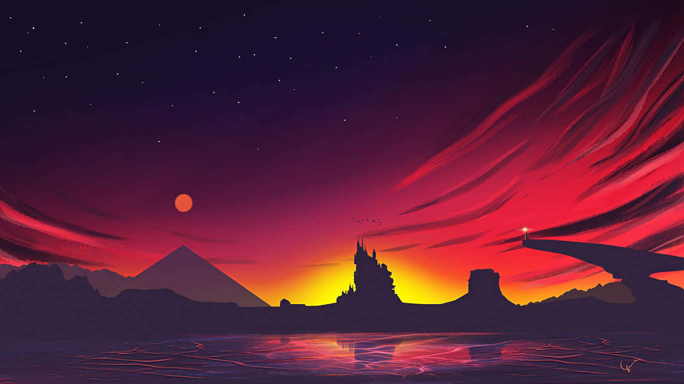 點亮夜空 1366x768 极简風 壁紙 — 黃昏時分的超現實數碼風景，發光的太陽、剪影城堡和金字塔，以及水中倒映的熾熱紅雲。