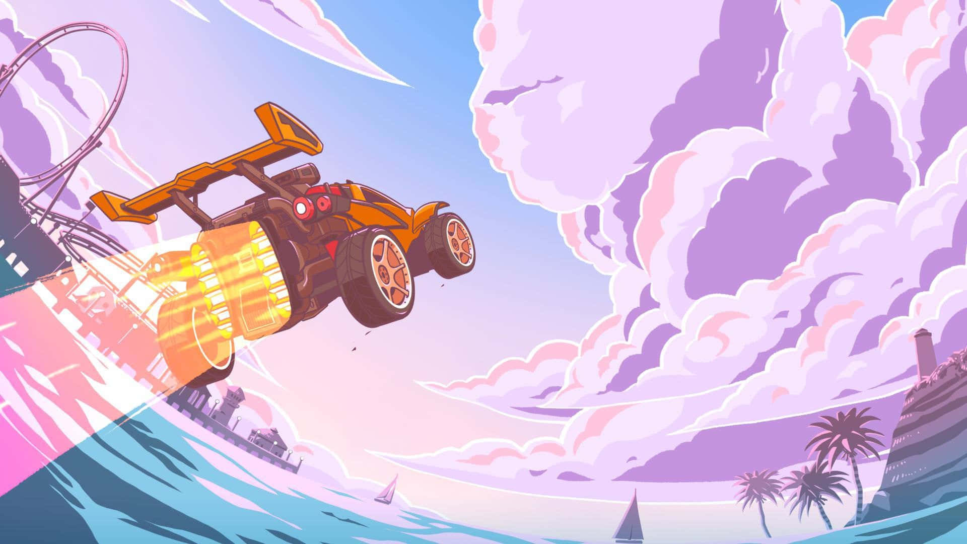 點燃引擎，火箭升空——《Rocket League》 壁紙 — 一輛火熱的橙色賽車在粉紫色雲層中翱翔，下方是熱帶海洋，有棕櫚樹和遊輪。