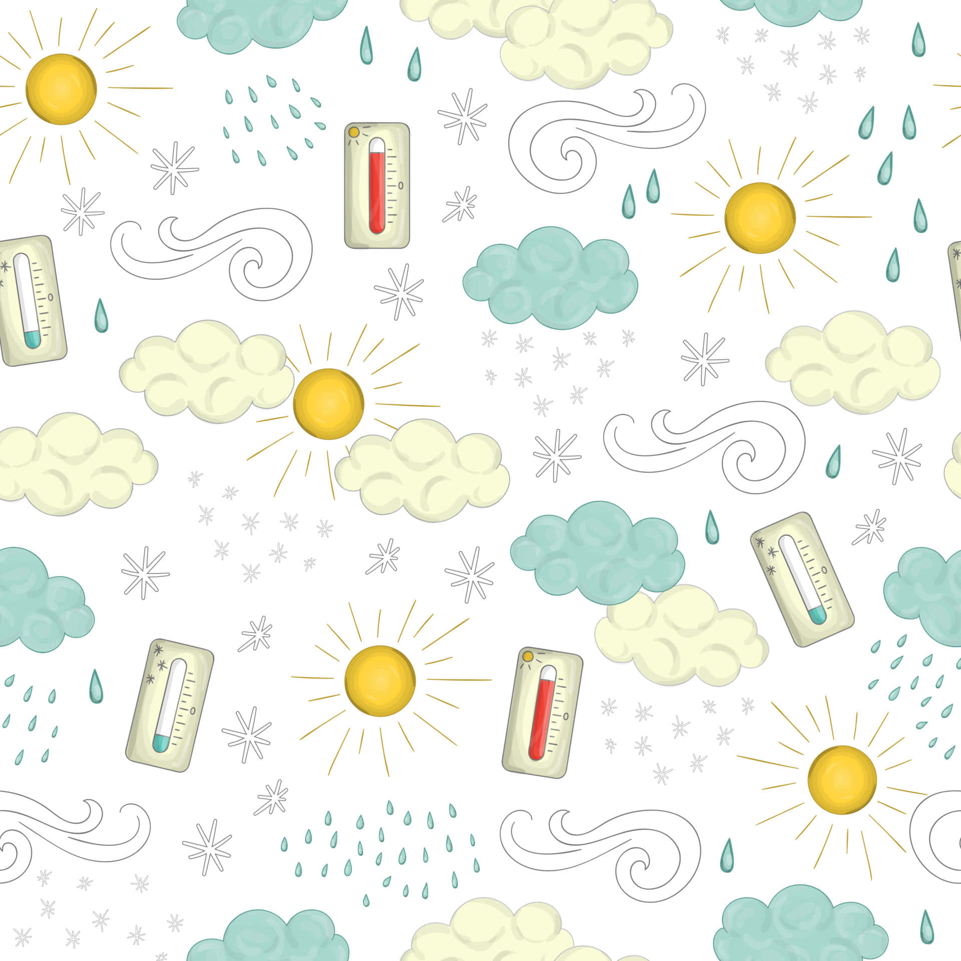 點燃熱力 壁紙 — 一個有趣的圖案，包含太陽、雲朵、溫度計和天氣符號，以柔和的粉彩顏色呈現在白色背景上。