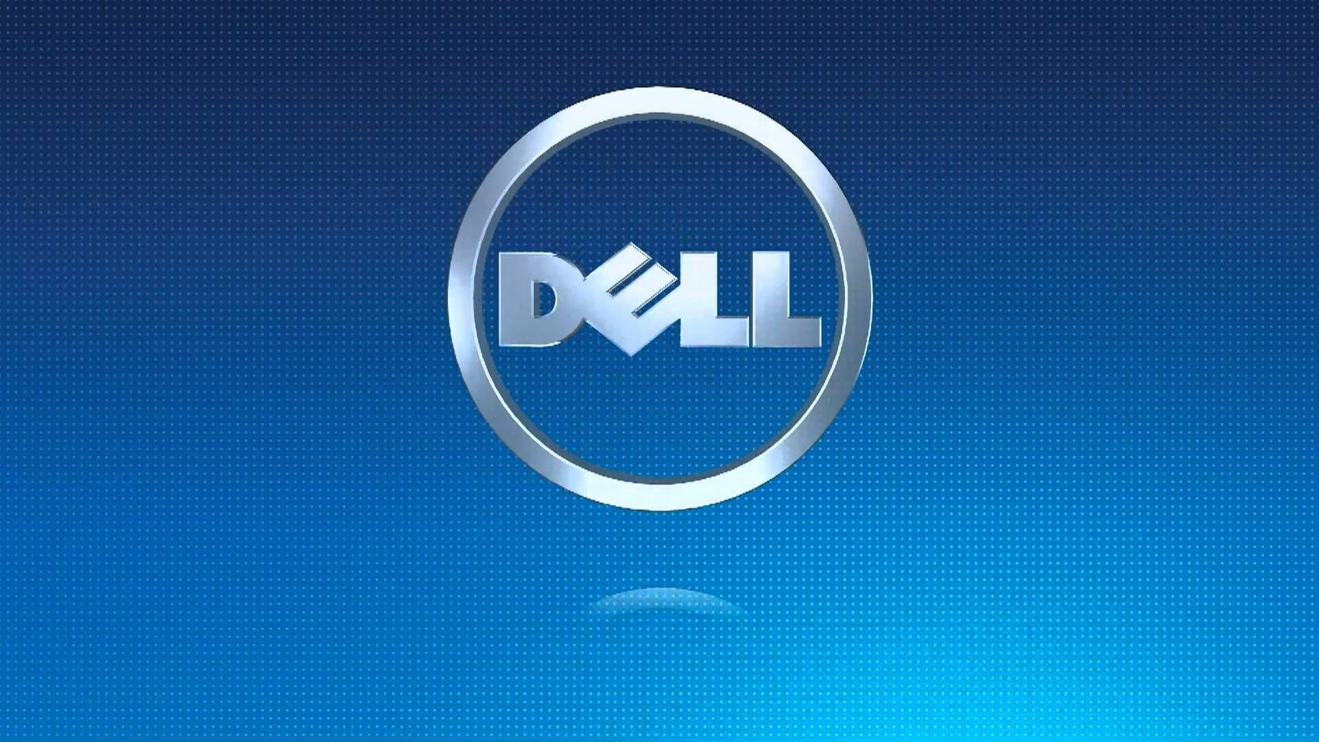 點狀Dell HD標誌 壁紙 — 閃亮銀色Dell標誌居中於帶有細微圓點圖案的漸變藍色背景上。