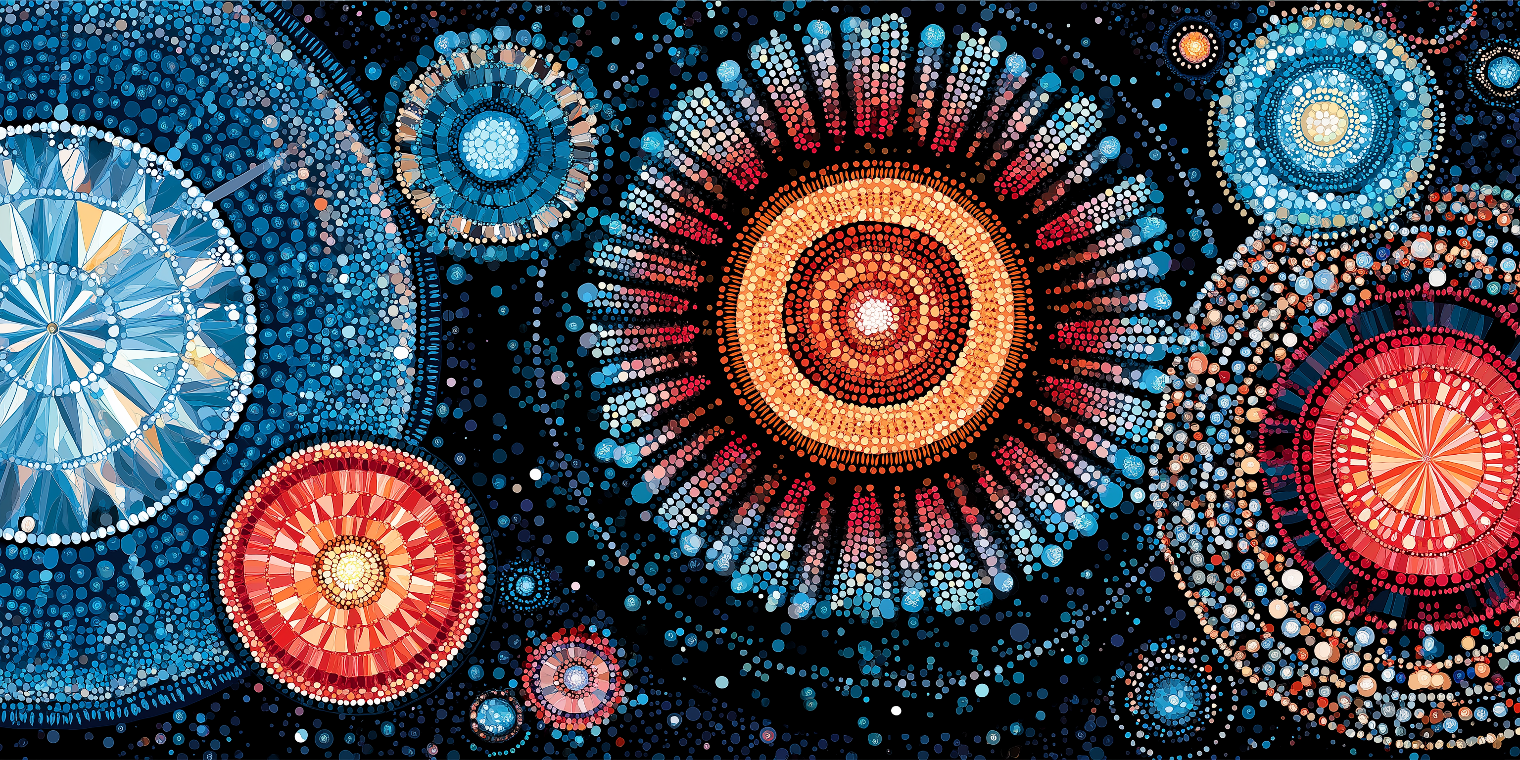 點狀宇宙曼陀羅 壁紙 — 鮮豔的抽象圓形圖案，以紅色、藍色和金色在深色背景上放射，如同宇宙曼陀羅。