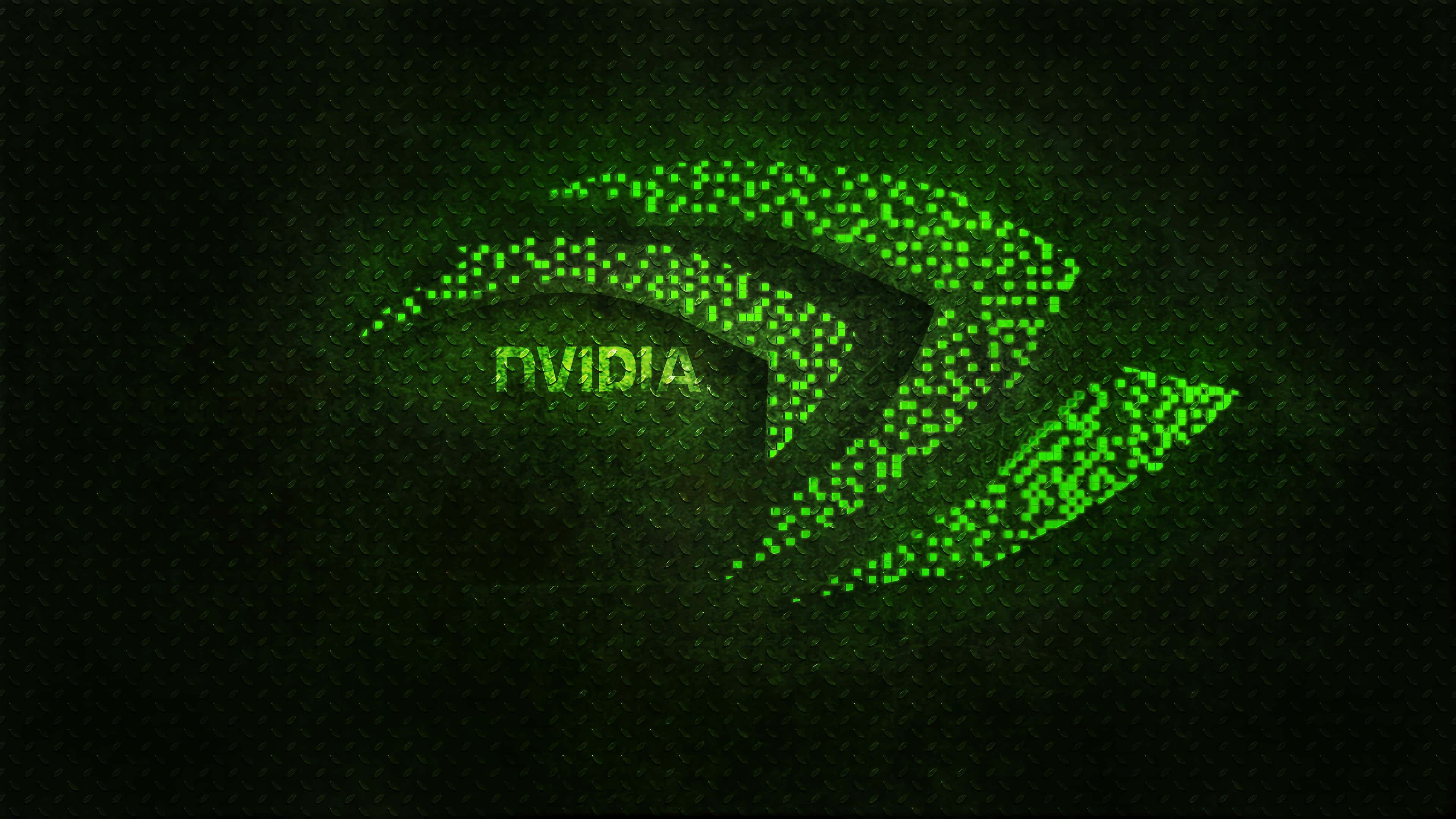 點狀眼標誌NVIDIA 4K UHD 壁紙 — Nvidia 標誌在深色紋理背景上以鮮豔的綠色像素發光。