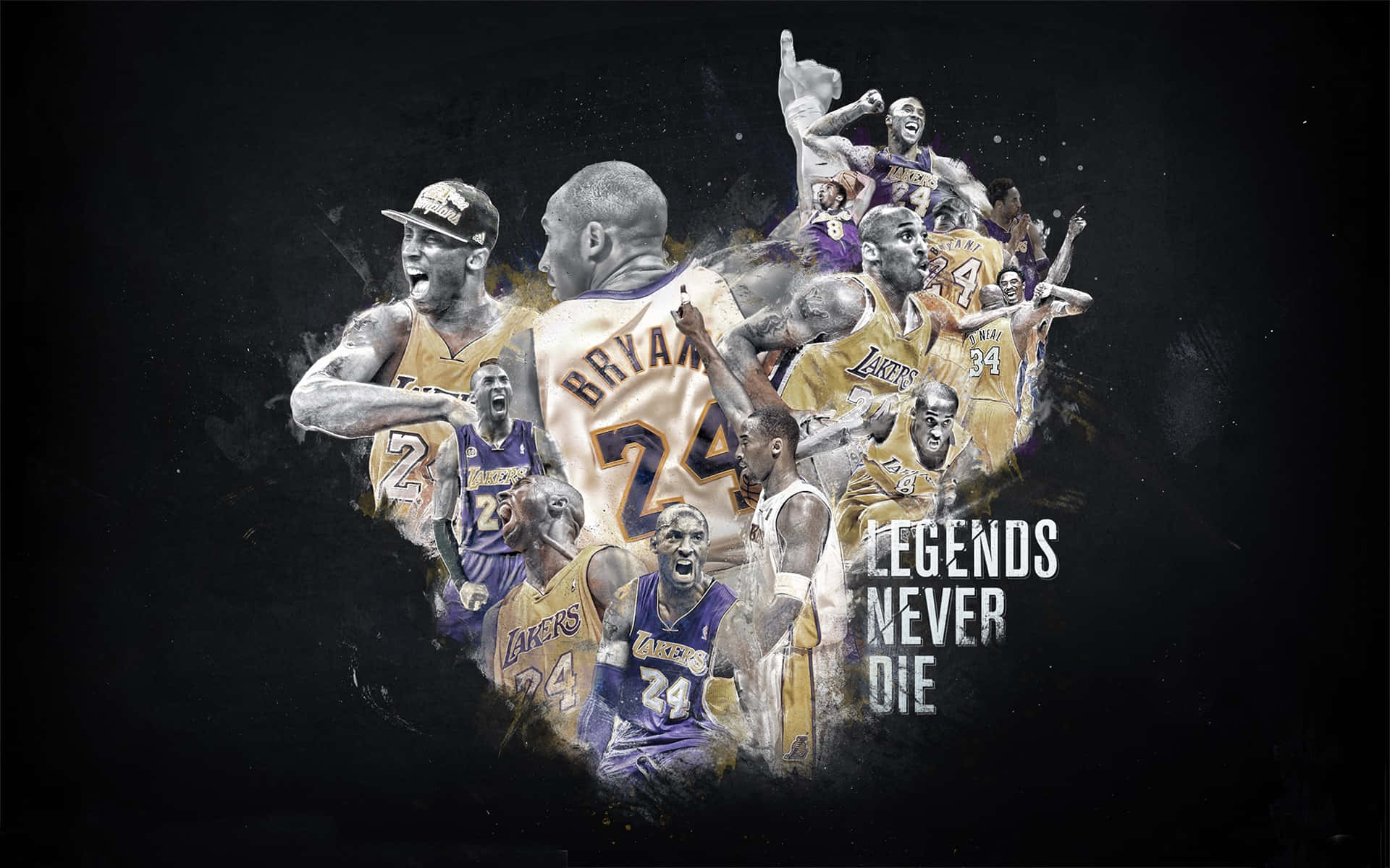 身穿湖人球衣的籃球傳奇人物，帶有「LEGENDS NEVER DIE」字樣。