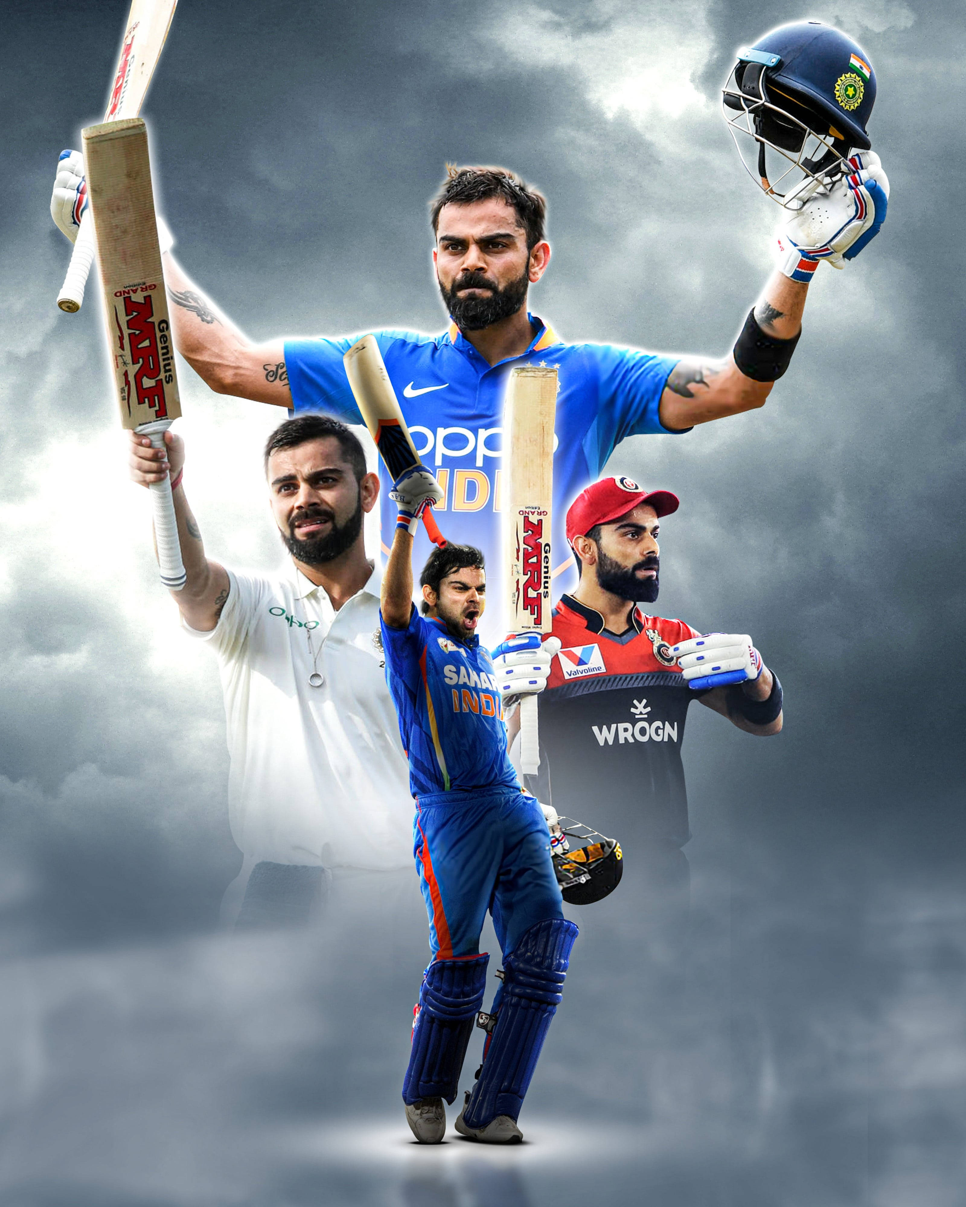 鼓舞人心板球 4K 壁紙 — 以戲劇性的暴風雨天空為背景，板球運動員 Virat Kohli 各種標誌性姿勢和製服的動態拼貼畫。