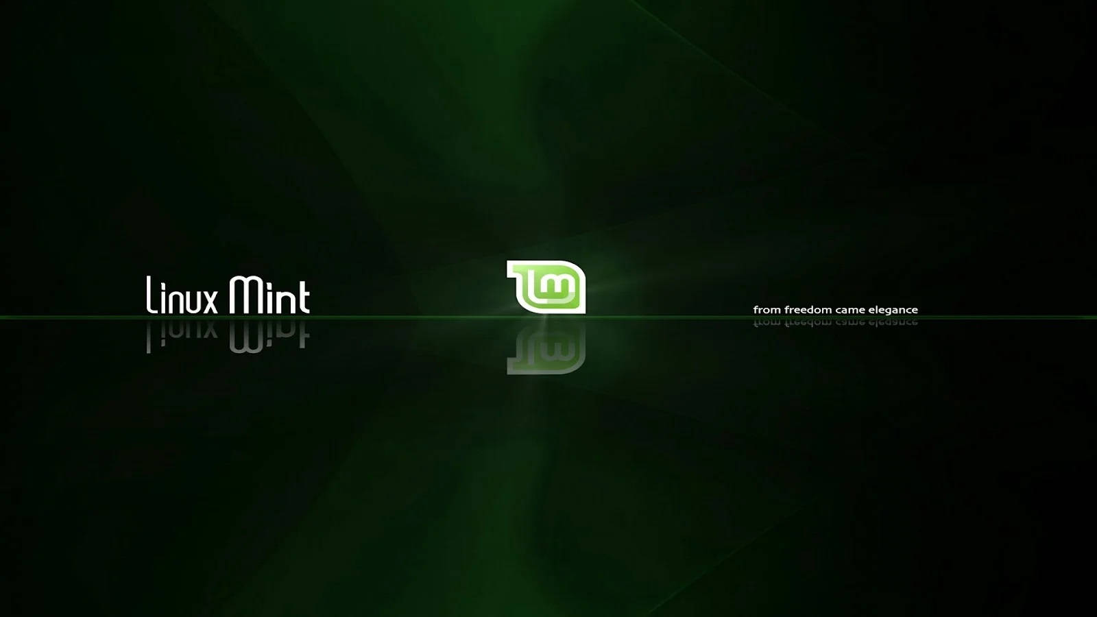 鼓舞人心的Linux Mint口號壁紙 壁紙 — Linux Mint 標誌在深色漸變背景上發出綠色光芒，帶有微妙的光線條紋和反光文字。