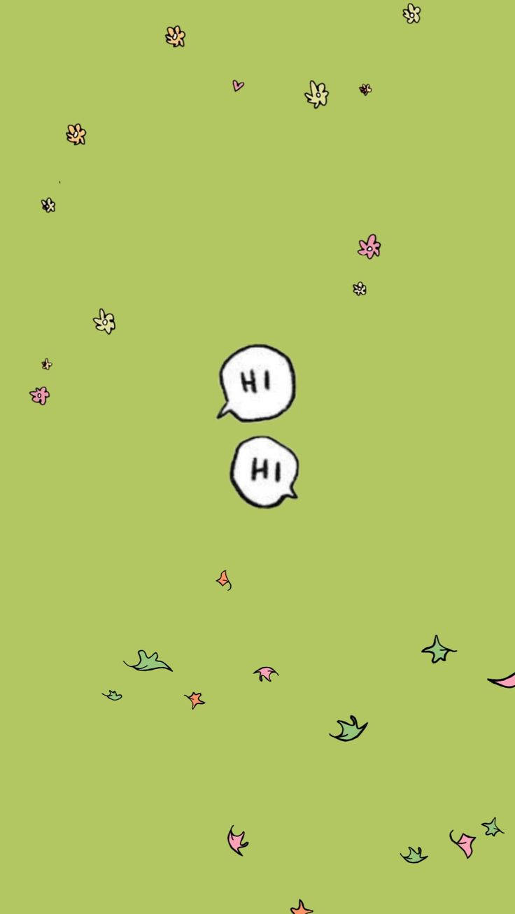 兩個對話框帶有「hi」字樣，漂浮在綠色背景上散落的花朵和葉子之間。
