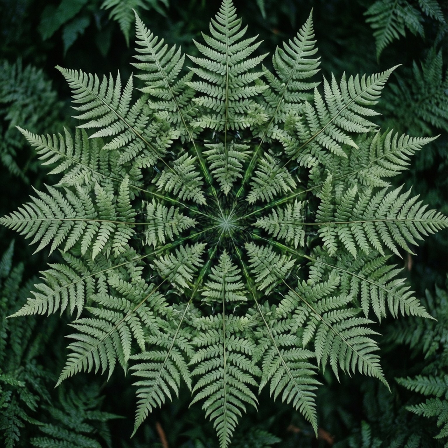 鼠尾草綠蕨類曼陀羅 壁紙 — 一個對稱的萬花筒圖案，由充滿活力的綠色蕨類葉片從中心點向黑暗的葉子背景輻射而出。