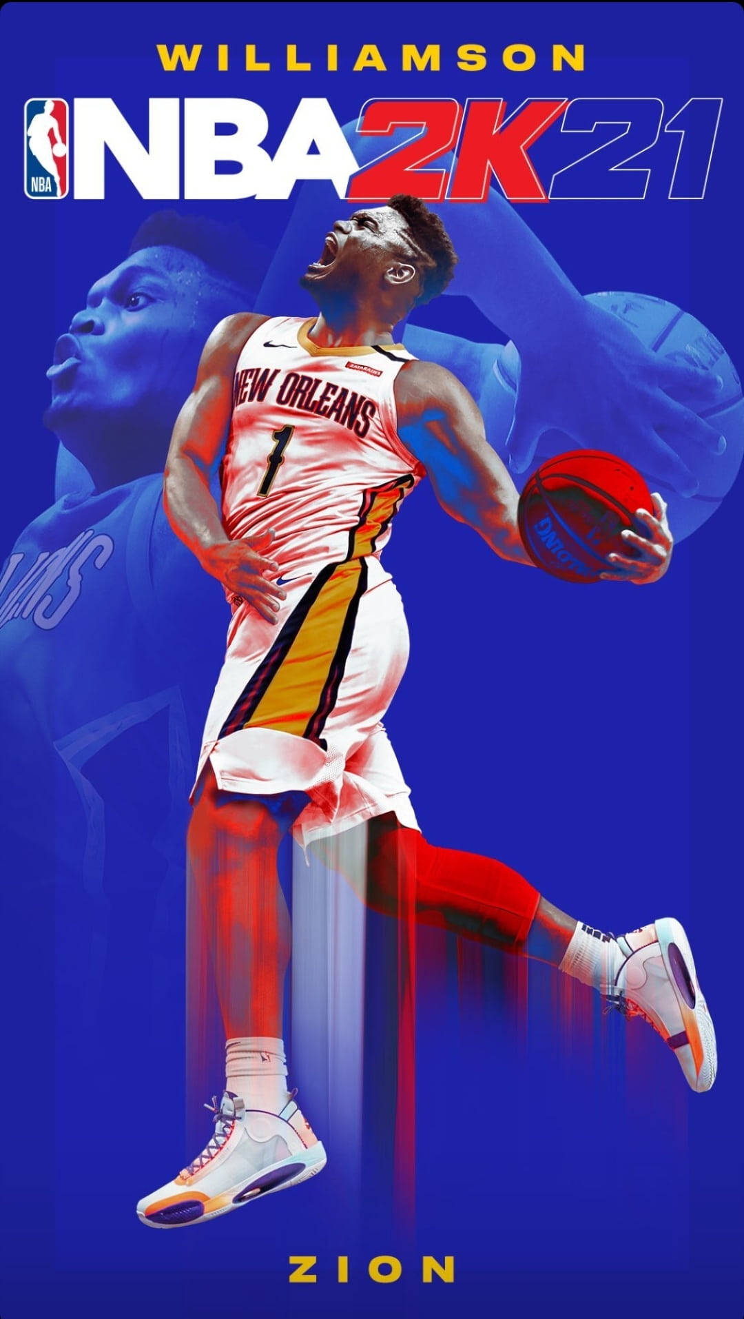 齊昂·威廉森 2K21 壁紙 — 一幅充滿動感的數碼插圖，描繪籃球運動員錫安·威廉臣身穿新奧爾良球衣，在鮮豔的藍色背景前進行入樽。