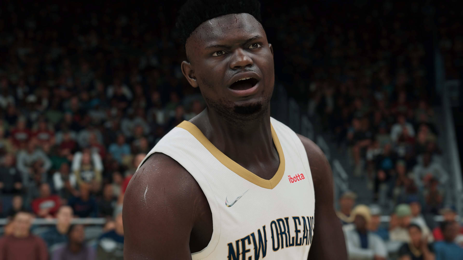 齊昂·威廉森 NBA 2K21 球員 壁紙 — 一名身穿新奧爾良球衣的籃球運動員在比賽中激烈呼喊，背景是模糊的人群。