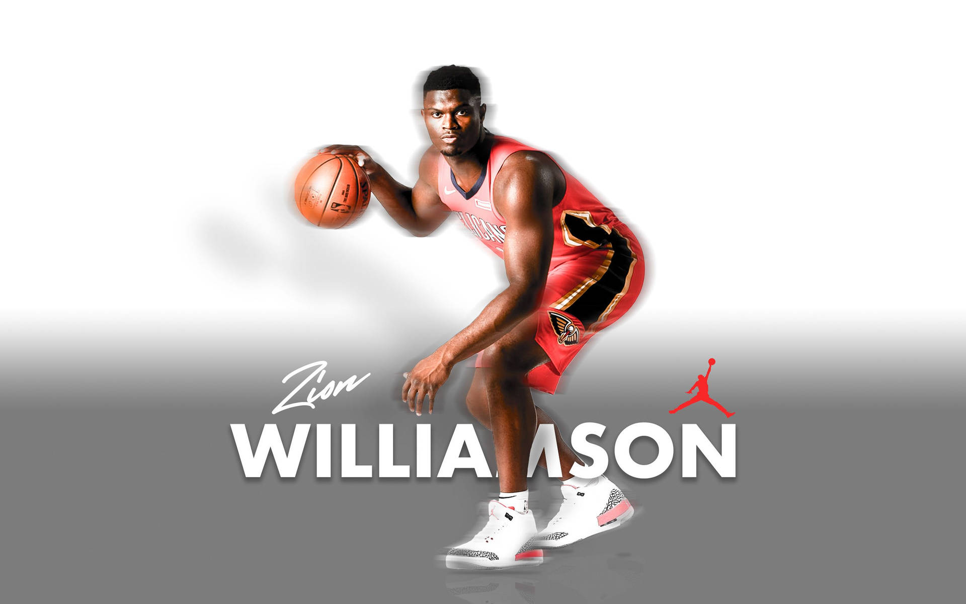 Zion Williamson 身穿紅色球衣運球，球上有Jordan標誌。