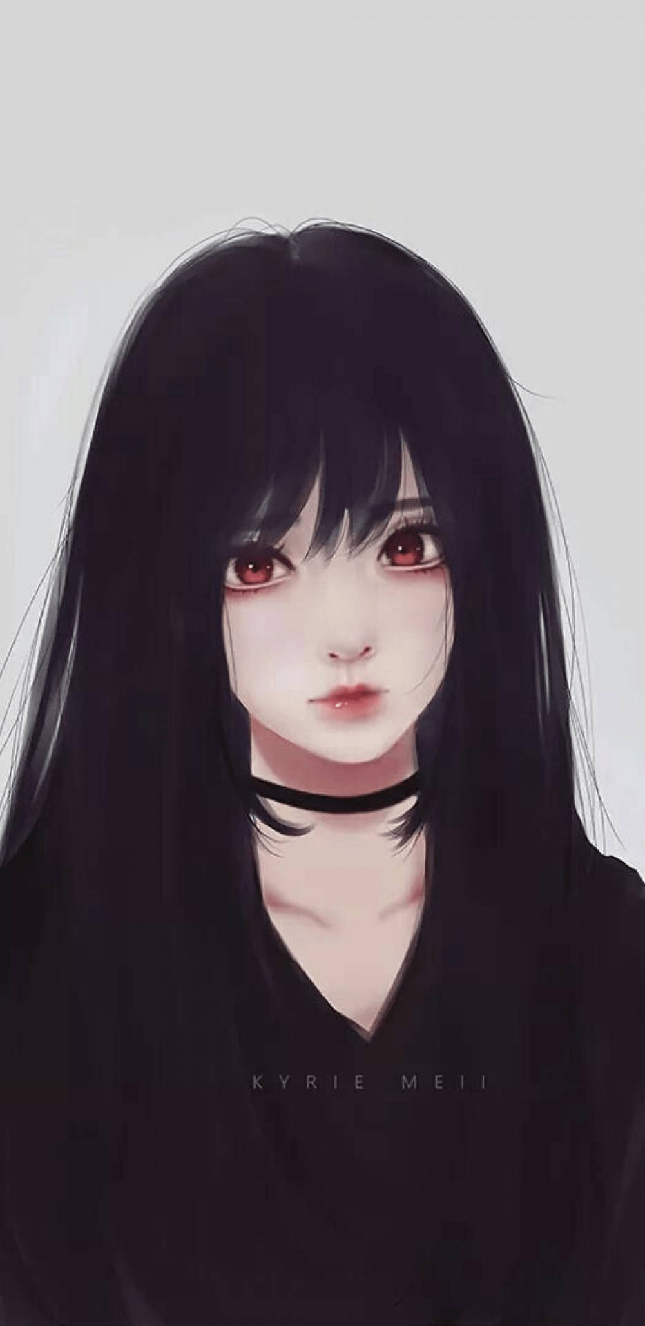 齊眉瀏海髮型的美學動漫少女 壁紙 — 一個令人毛骨悚然的動漫女孩，長長的黑髮和紅色的眼睛，戴著頸鍊，在純灰色背景前直視。