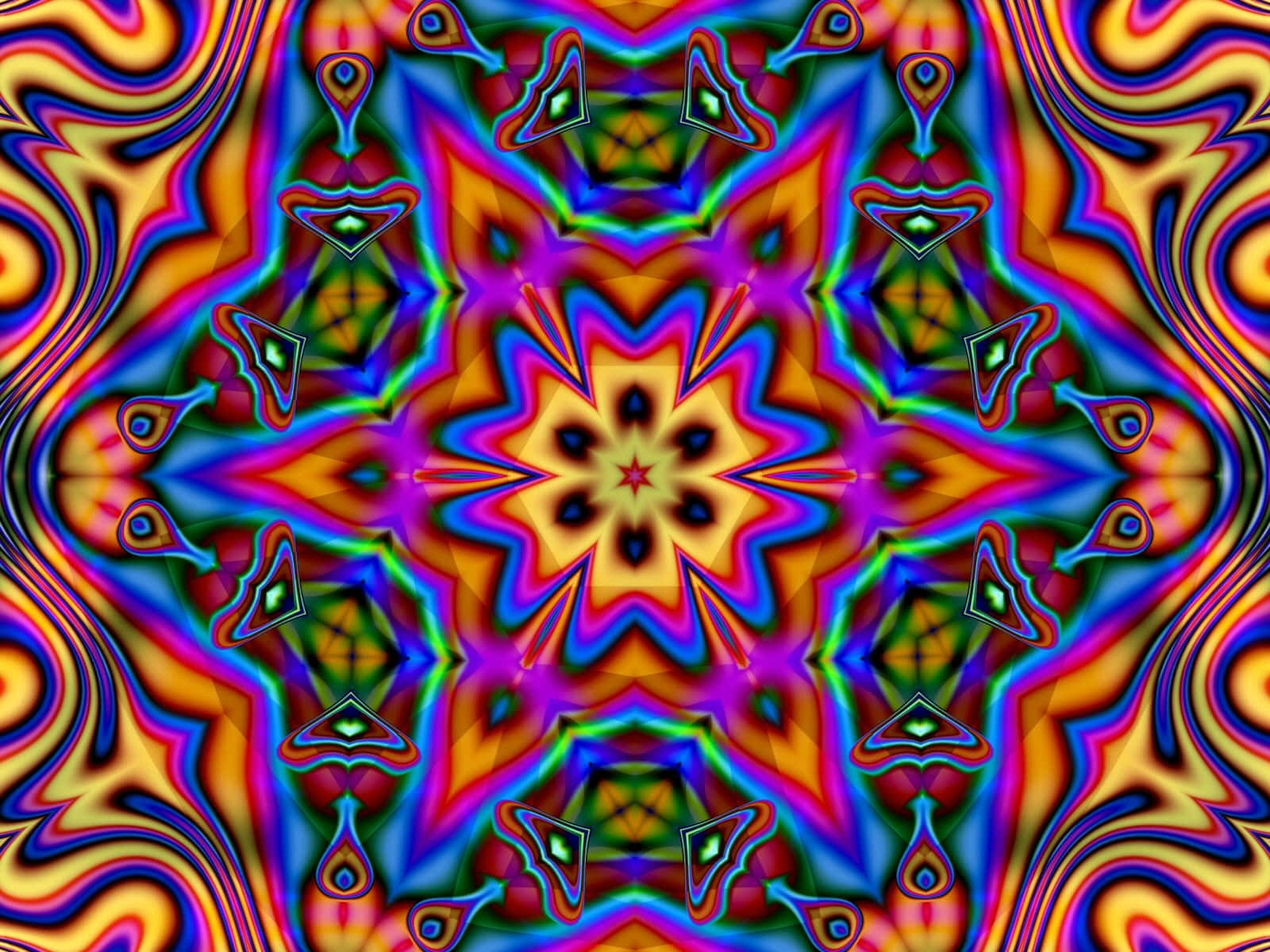 齊聚一堂，傳遞和平與愛 壁紙 — 充滿活力的迷幻萬花筒，帶有旋轉的彩虹圖案和從中心星爆輻射出的對稱幾何形狀。