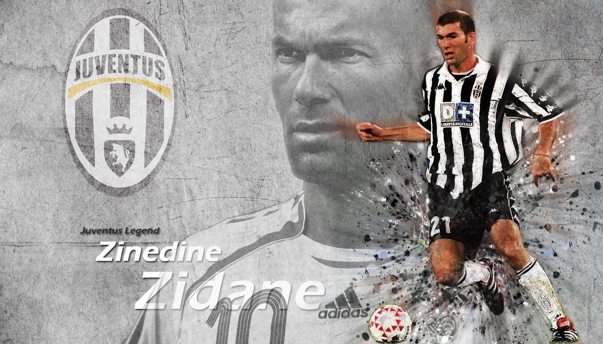 Zinedine Zidane 身穿 Juventus 足球球衣，附有球隊標誌和油漆潑濺效果。