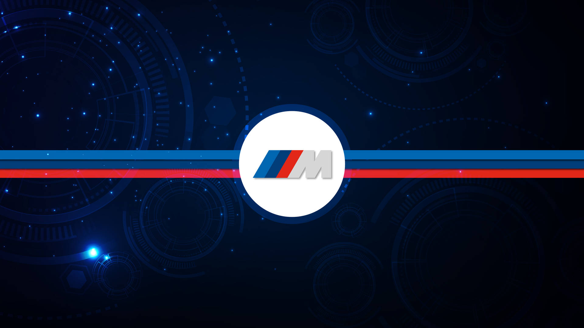 BMW M 標誌在未來感數碼背景上，帶有發光圓圈和條紋。