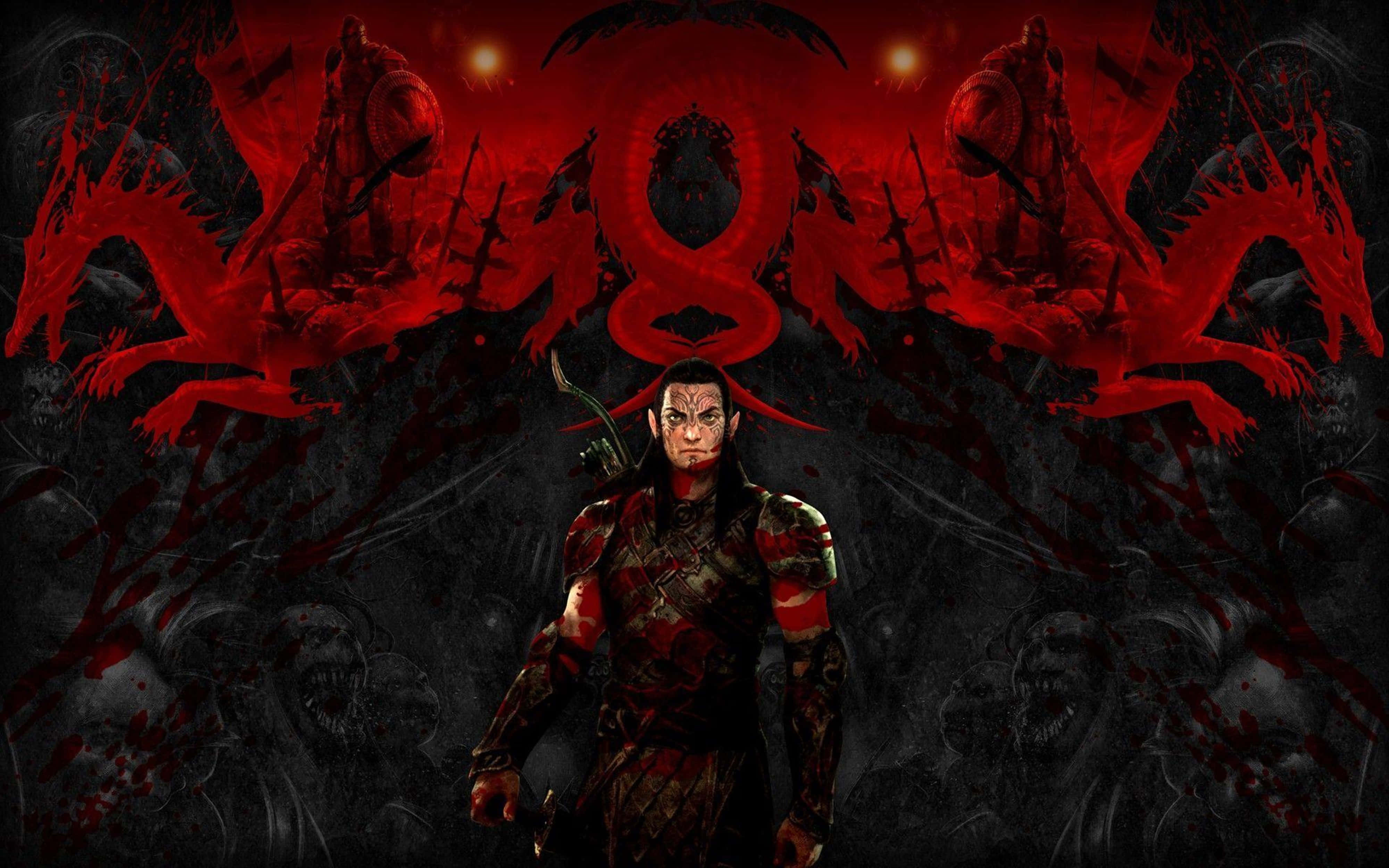 《龍 Age》4K 中，戰士的冒險號召 壁紙 — 一個黑暗奇幻戰士挑釁地站在一條威脅性的紅龍和惡魔符號前，背景是濺血的黑色。