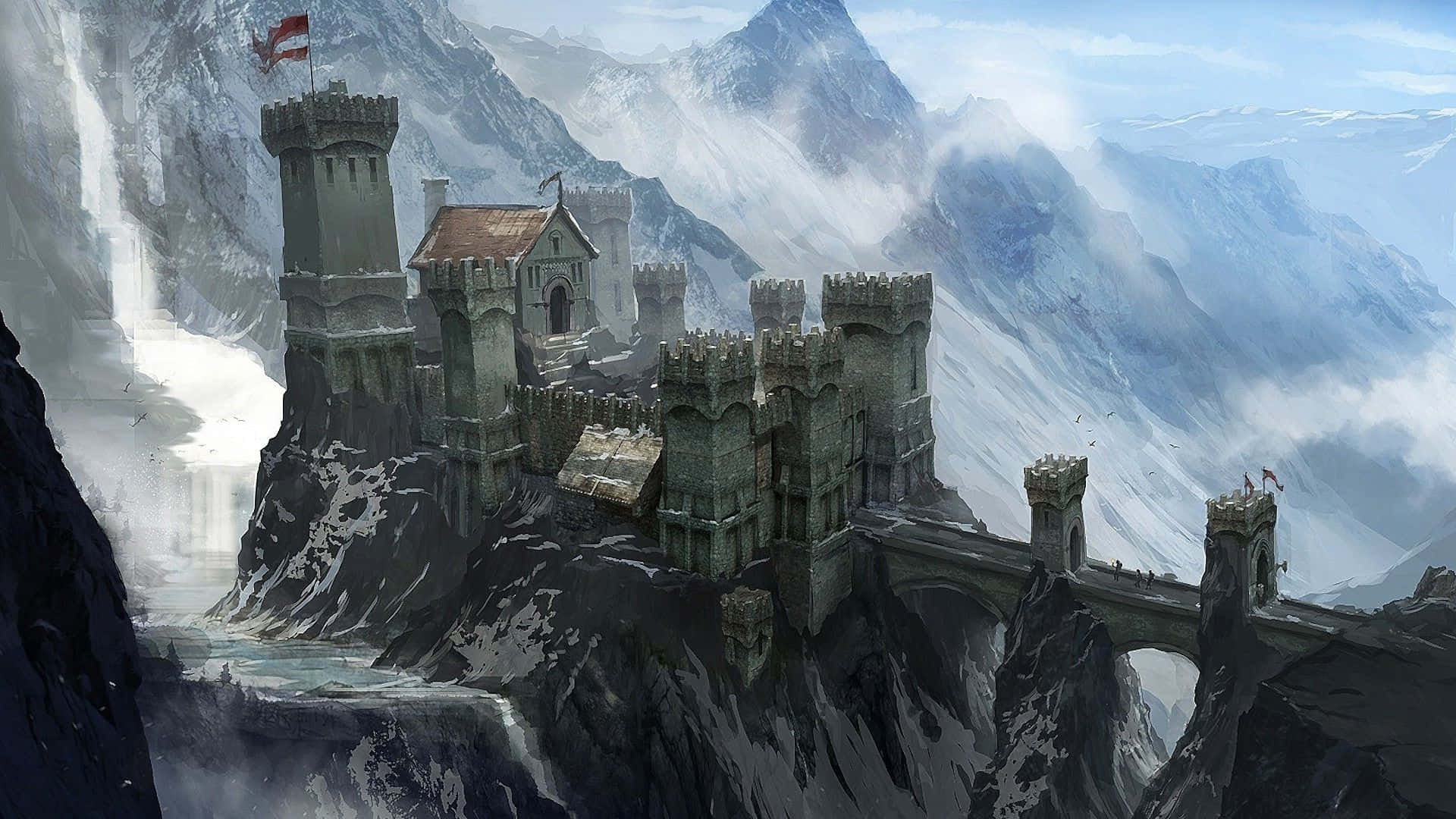 龍 Age Inquisition 高畫質背景：天空堡壘 壁紙 — 一座雄偉的石城堡坐落在白雪皚皚的山崖上，附近有橋樑橫跨峽谷，瀑布傾瀉而下。