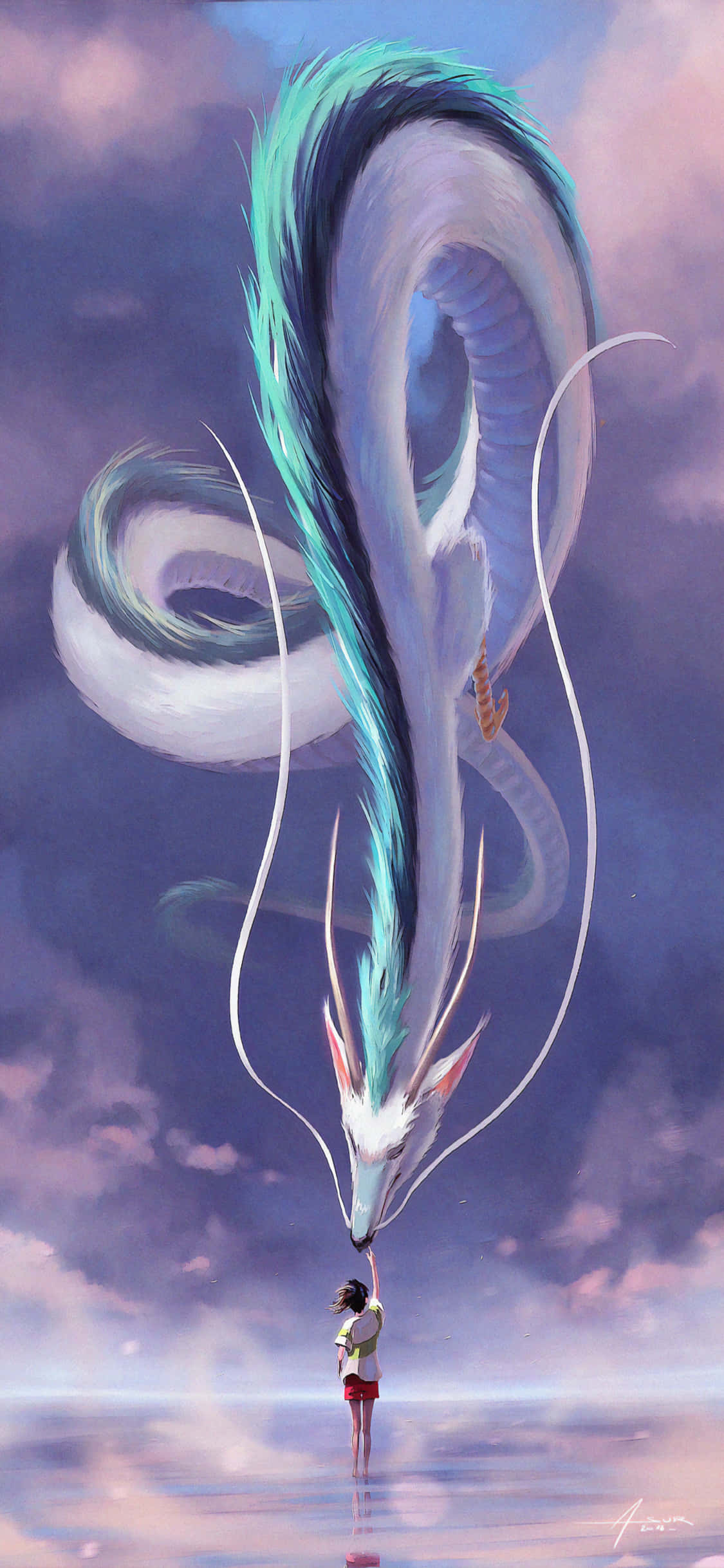 《龍 Age：審判》英雄登陸 iPhone Xs 壁紙 — 一個孤獨的身影站在反光表面上，伸手觸向一條在暮色天空中盤旋的巨大白色和青綠色龍。