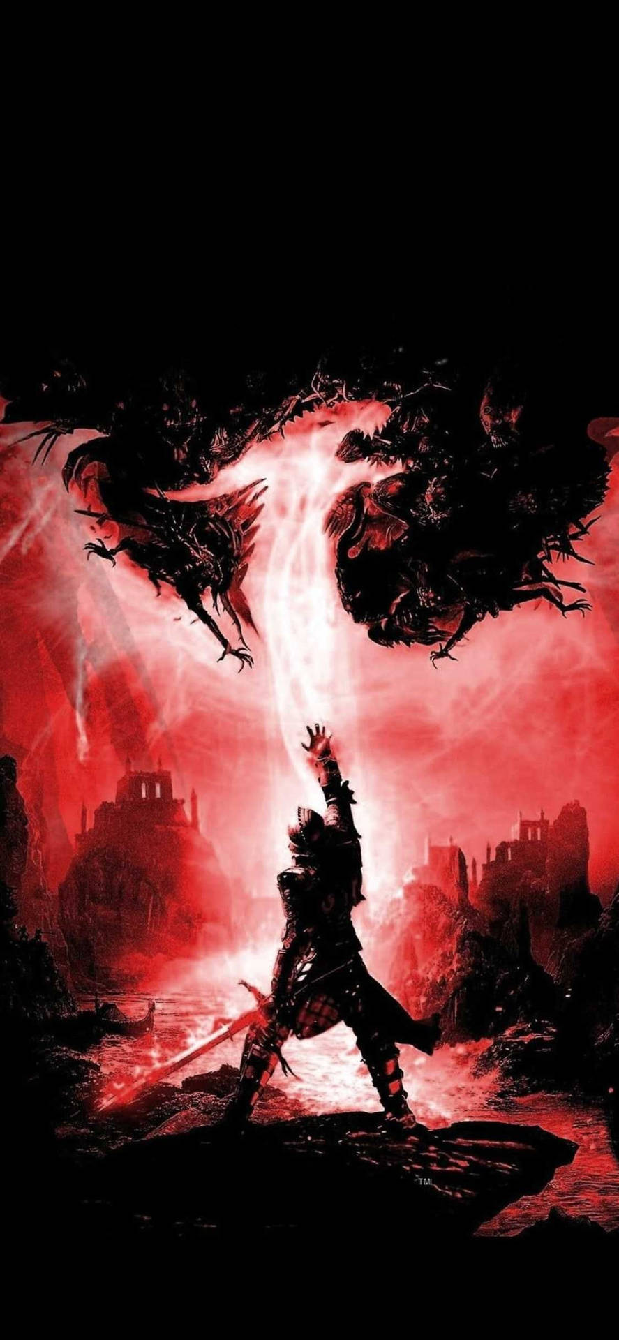 一個戰士在火紅的奇幻戰鬥場景中與怪獸般的野獸戰鬥。