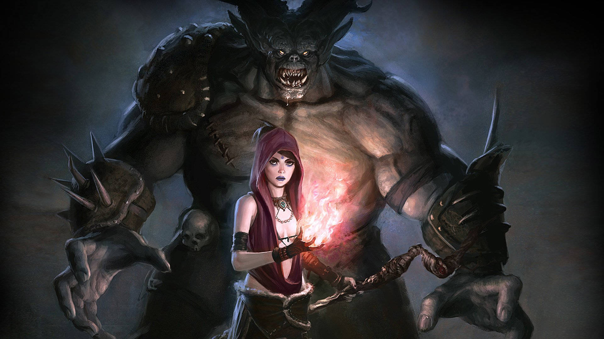 女戰士使用火焰魔法對抗巨型惡魔怪物。