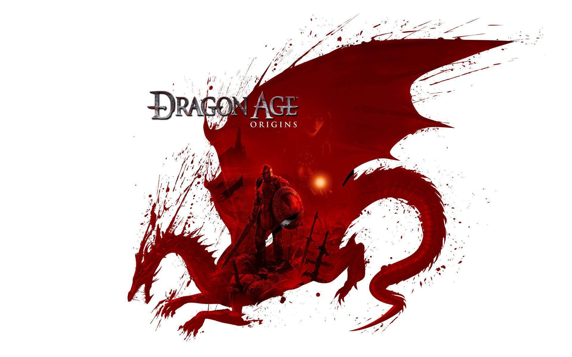 一名戰士在紅色龍上，帶有飛濺墨水風格的Dragon Age Origins標誌。
