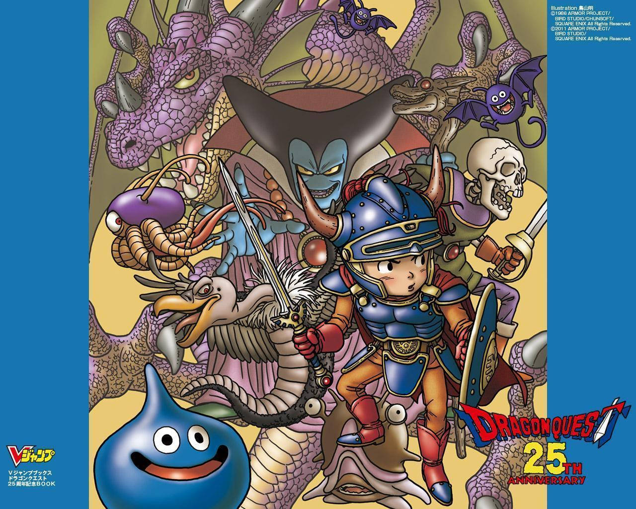 龍 Quest 25週年紀念 壁紙 — 一幅充滿活力的動漫插圖，描繪了一位身穿藍色盔甲的年輕騎士，周圍環繞著奇幻生物，包括龍、蝙蝠和微笑的藍色史萊姆。