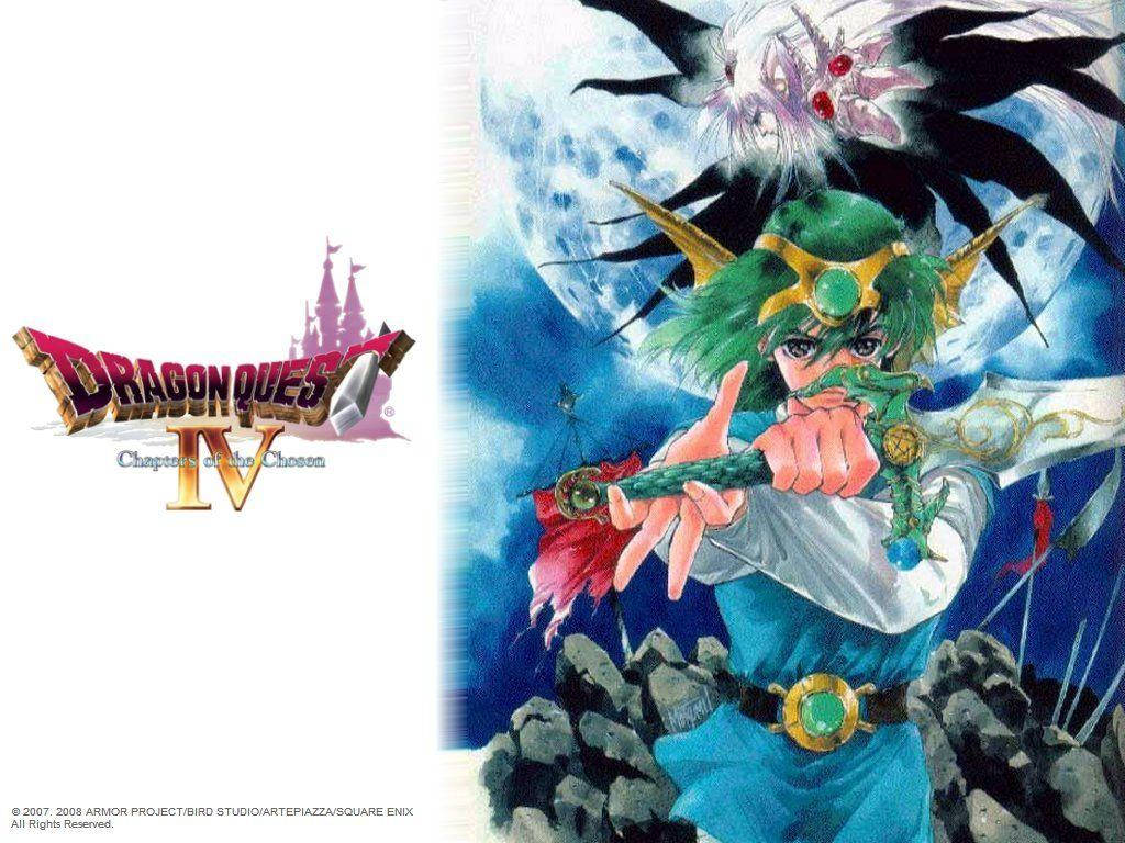 龍 Quest IV 英雄持劍 壁紙 — 滿月下，一位綠髮戰士身穿藍色鎧甲，握劍對抗暗翼怪物。