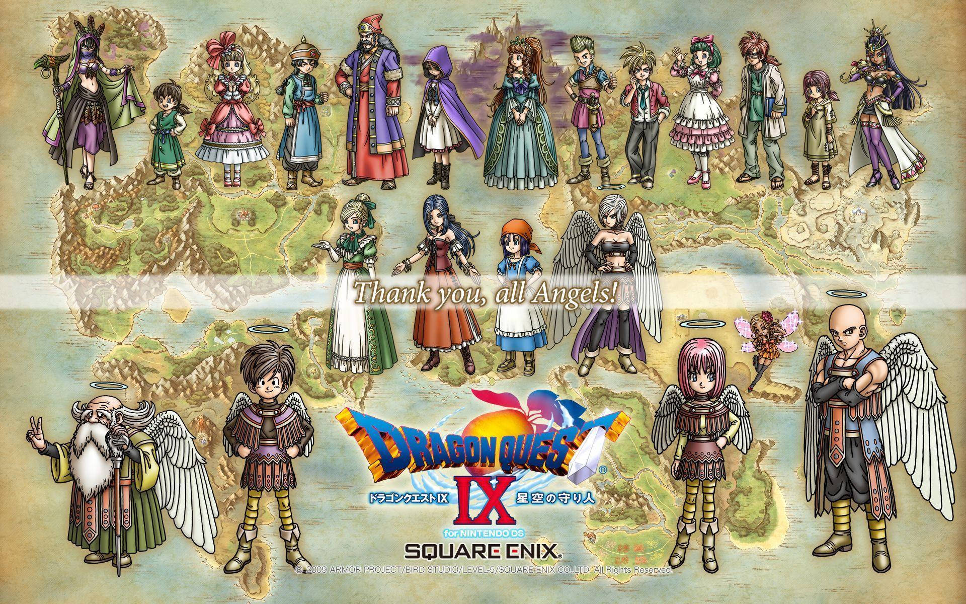 龍 Quest IX 主角群像 壁紙 — 一幅充滿活力的《勇者鬥惡龍IX》插圖地圖，眾多天使般的角色穿著色彩繽紛的奇幻服裝站立在其地形上。