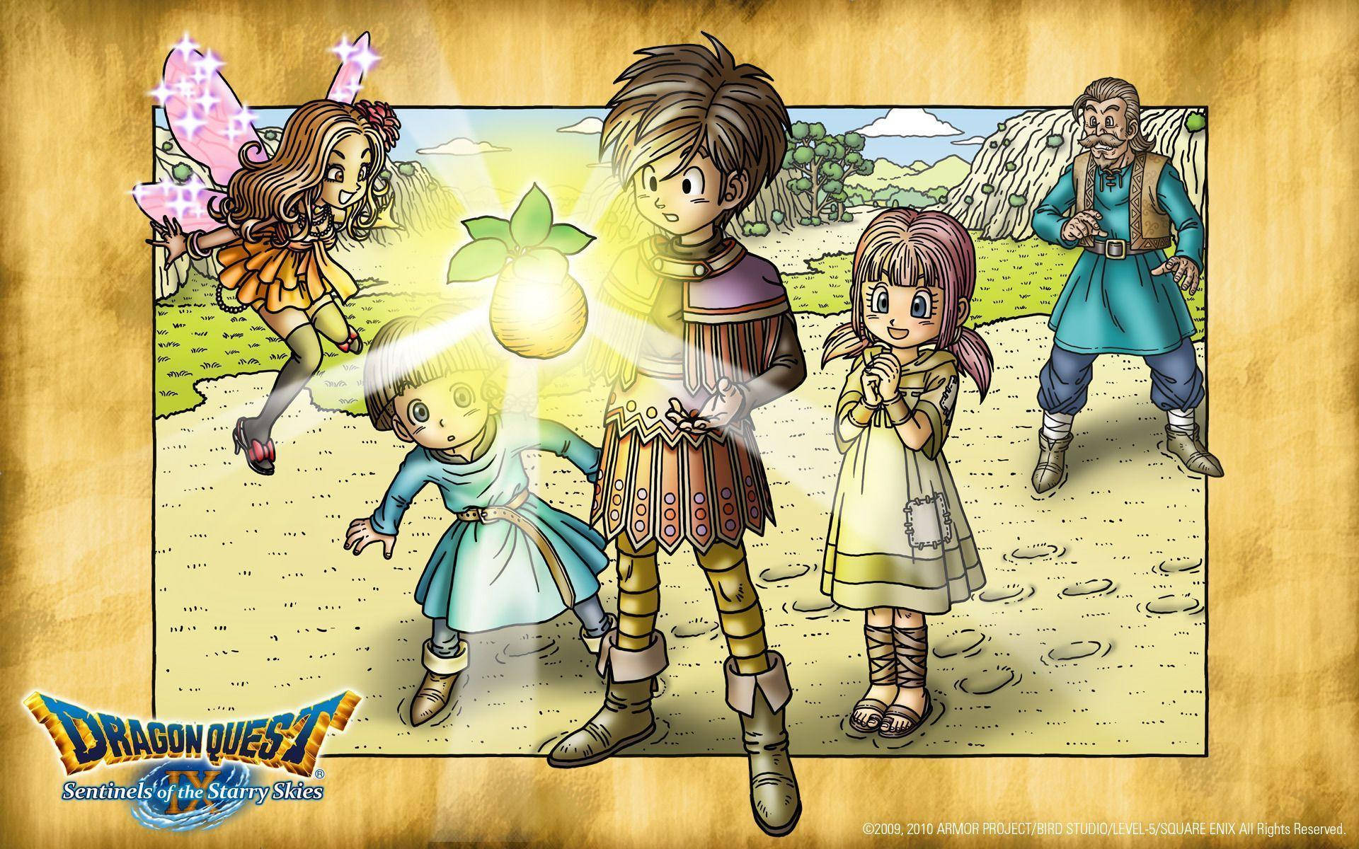 龍 Quest IX：星穹守望者 壁紙 — 一群動畫奇幻角色，包括一位仙女和一位騎士，一起站在一個由羊皮紙框起的明亮戶外場景中。