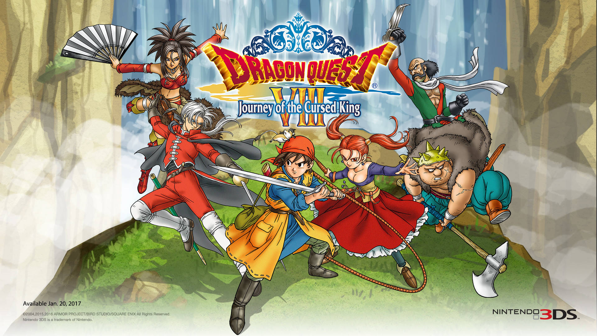 龍 Quest VIII 主角群 壁紙 — 一群充滿活力的動漫冒險家穿著色彩繽紛的服裝，在身後有瀑布的岩石峽谷中衝鋒向前。