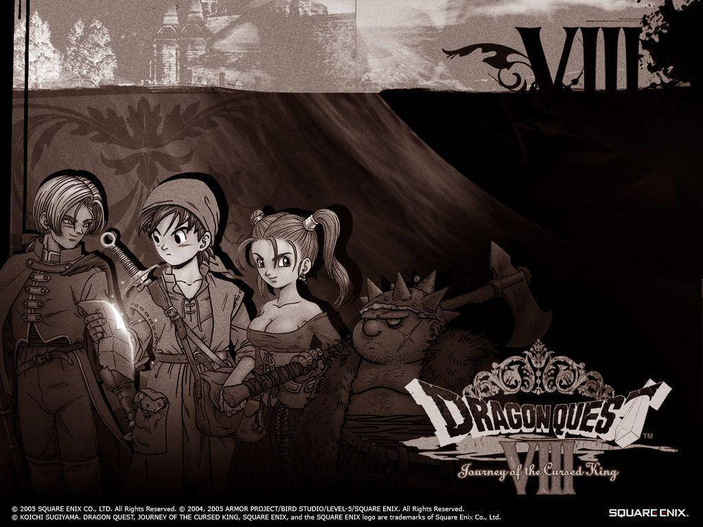 龍 Quest VIII 黑白英雄群像 壁紙 — 來自《勇者鬥惡龍 VIII》的黑白動畫角色在戲劇性的天空下英勇地站在城堡剪影前。