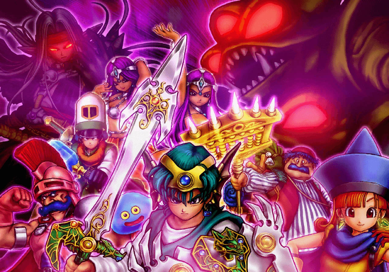 龍 Quest：怪物戰鬥之路 勝利英雄 壁紙 — 一個充滿活力的動漫風格戰鬥場景，各種英雄在紫色調的奇幻領域中揮舞魔法武器對抗逼近的黑暗怪物。